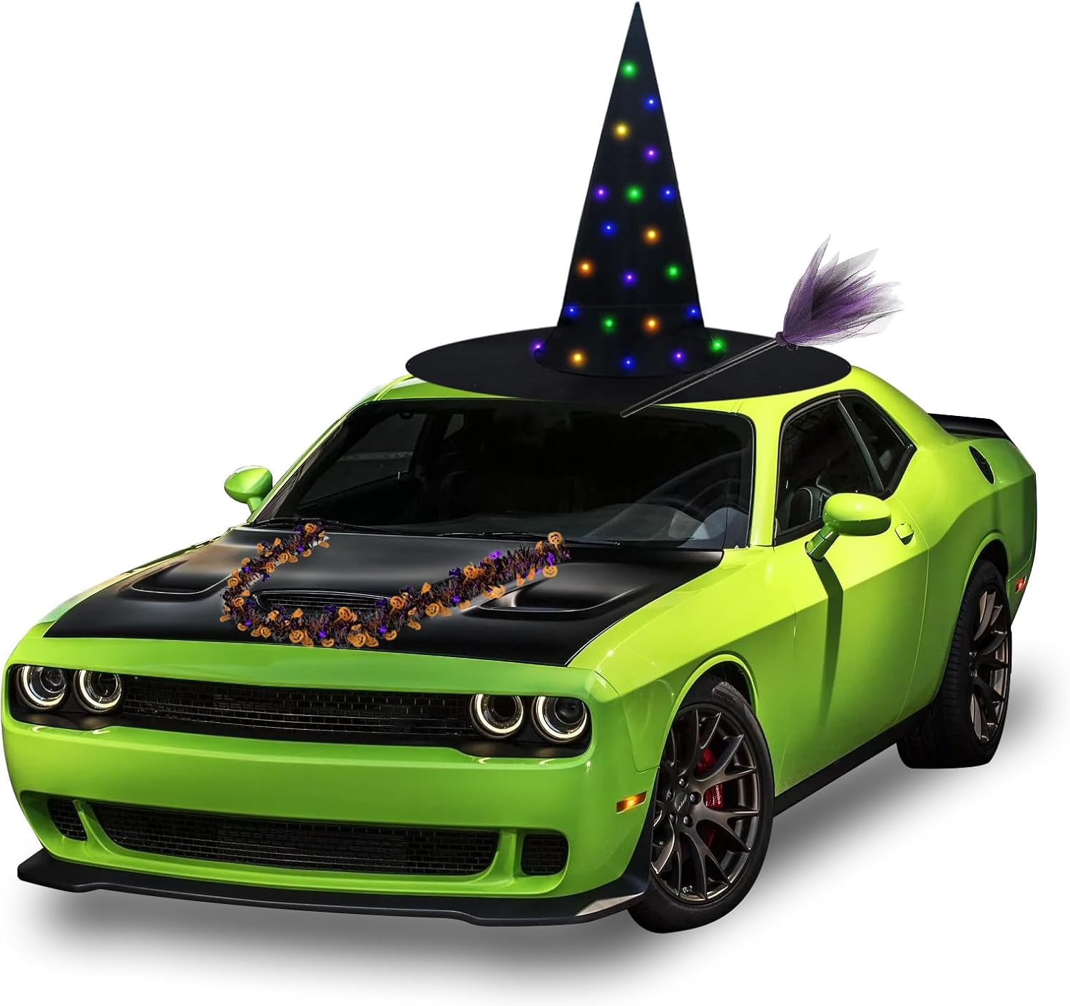 Halloween Witch Cap Car Decoration,47 Inch 2025 Giant Oversized Witch Hat Black Felt For Car,With LED and Witch broom for halloween Party，Trunk or Treat Decor (Black-47inch)