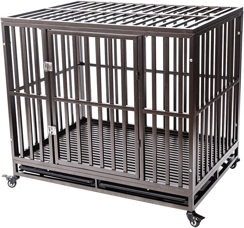 Gelinzon Heavy Duty Dog Cage Crate Kennel Playpen Large Strong Metal for Large Dogs and Pets, Easy to Assemble with Patent Lock and Four Lockable Wheels, 42''