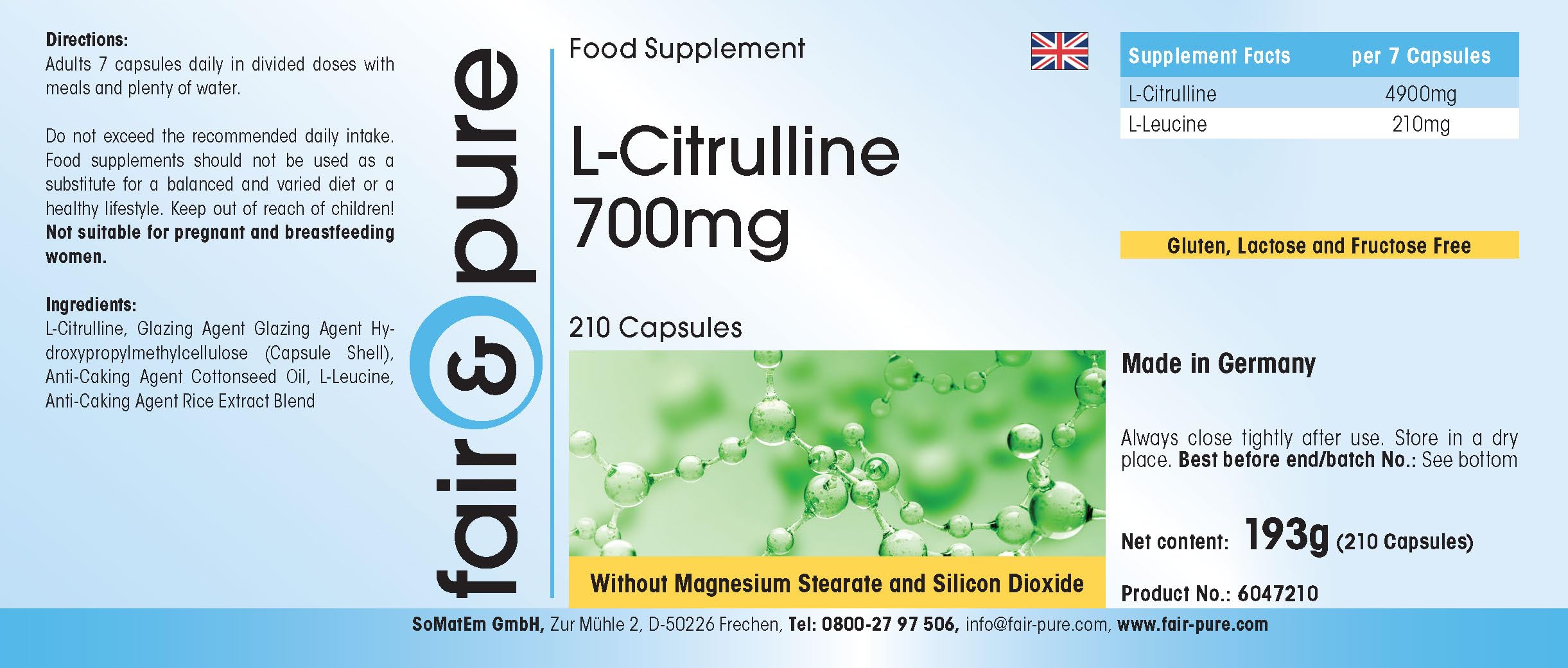 Fair & Pure® - L-Citrullina 700mg - Polvere in capsule - Vegan - 210 Capsule