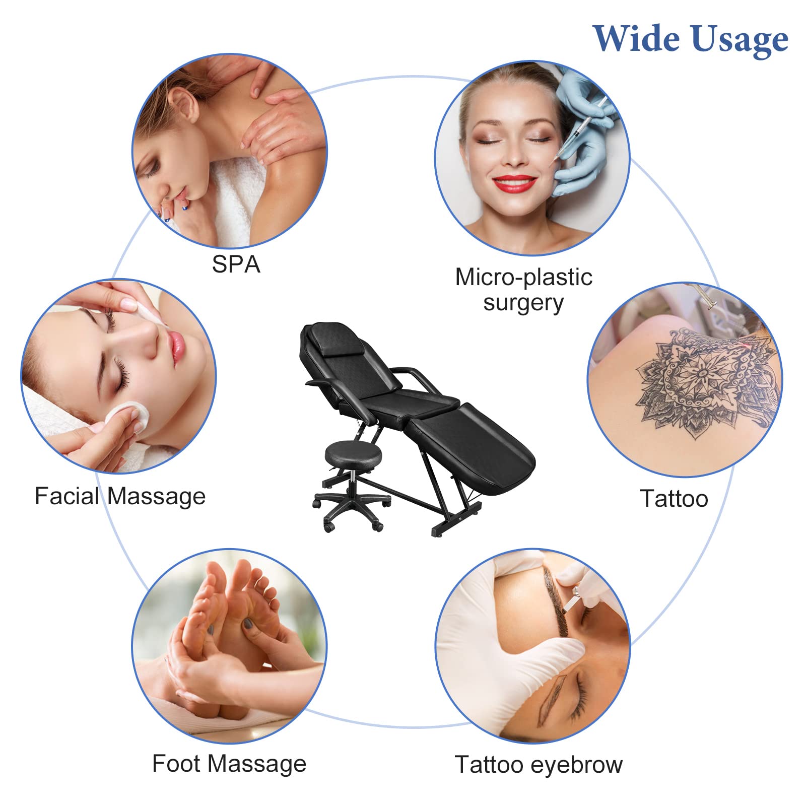 Professionelle Klappbare Massageliege Tattooliege Kosmetikstuhl mit Rollhocker Drehhocker (Schwarz)