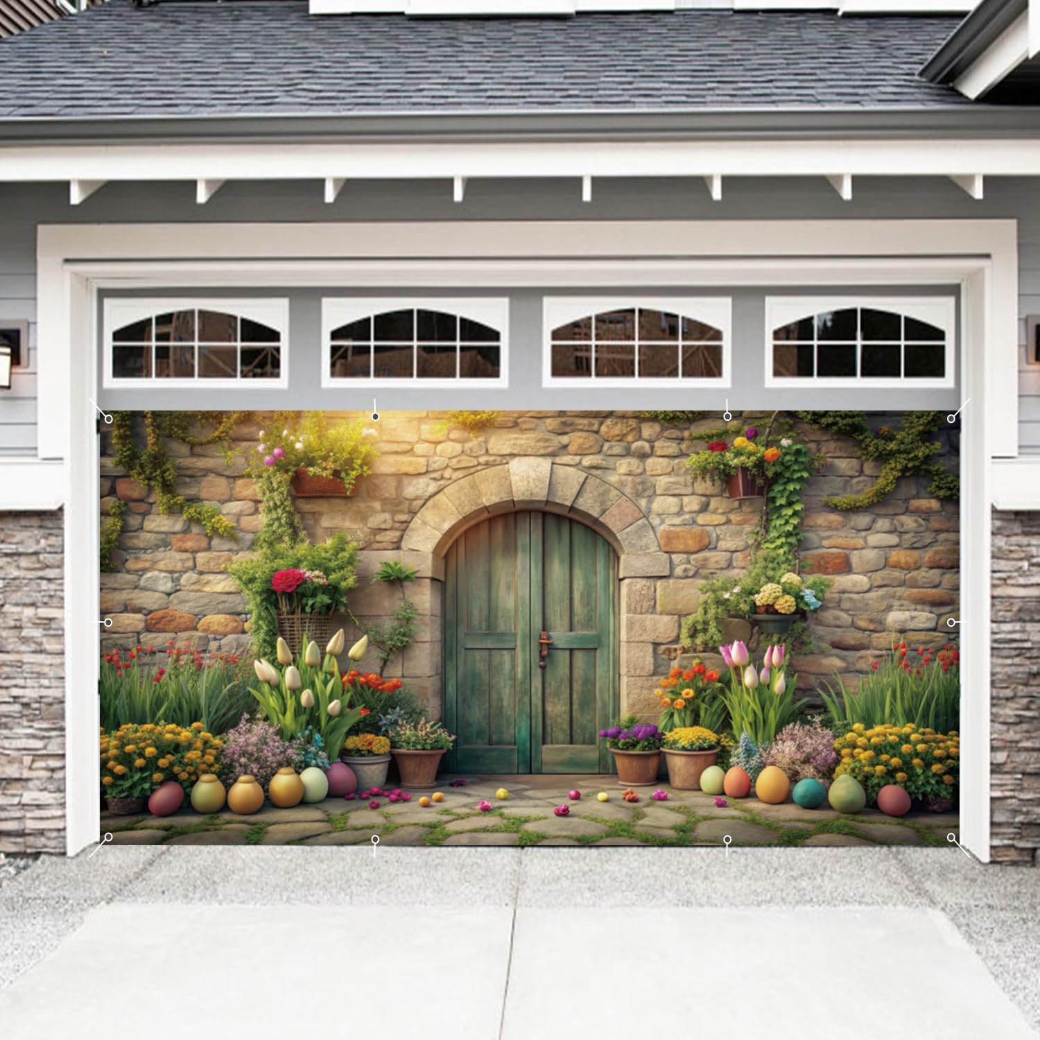 Easter Garage Door Cover Banner Decorations Backdrop 7x16ft Large Spring Easter Eggs Colorful Flowers Stone Wall Wooden Door Garage Door Outdoor Decorations Easter Party Baby Shower Garage Door Cover
