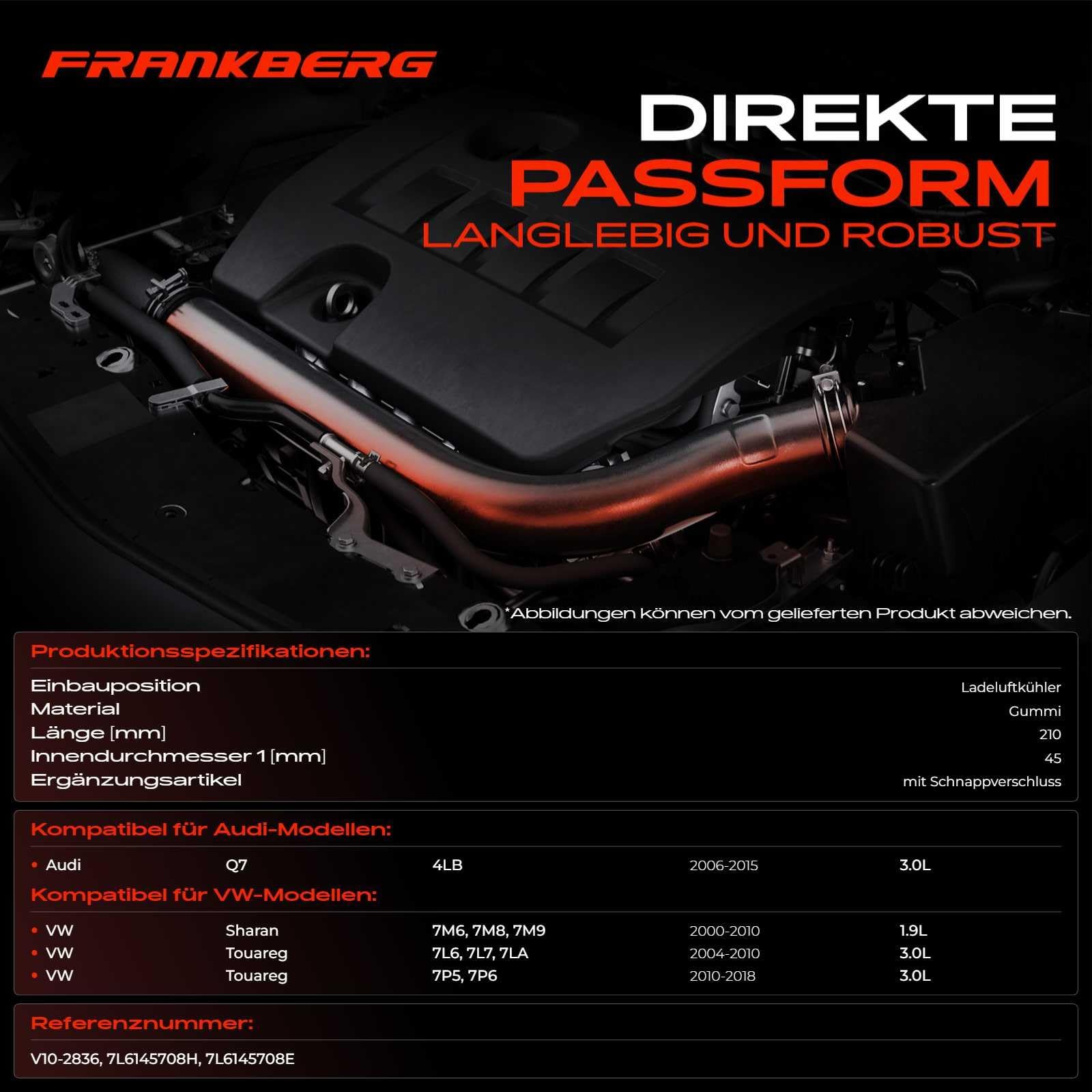 Frankberg Ladeluftschlauch Turboschlauch mit Dichtungen für Q7 S-h-a-r-a-n T-o-u-a-r-e-g 1.9L 3.0L Diesel 2000-2018 7L6145708H