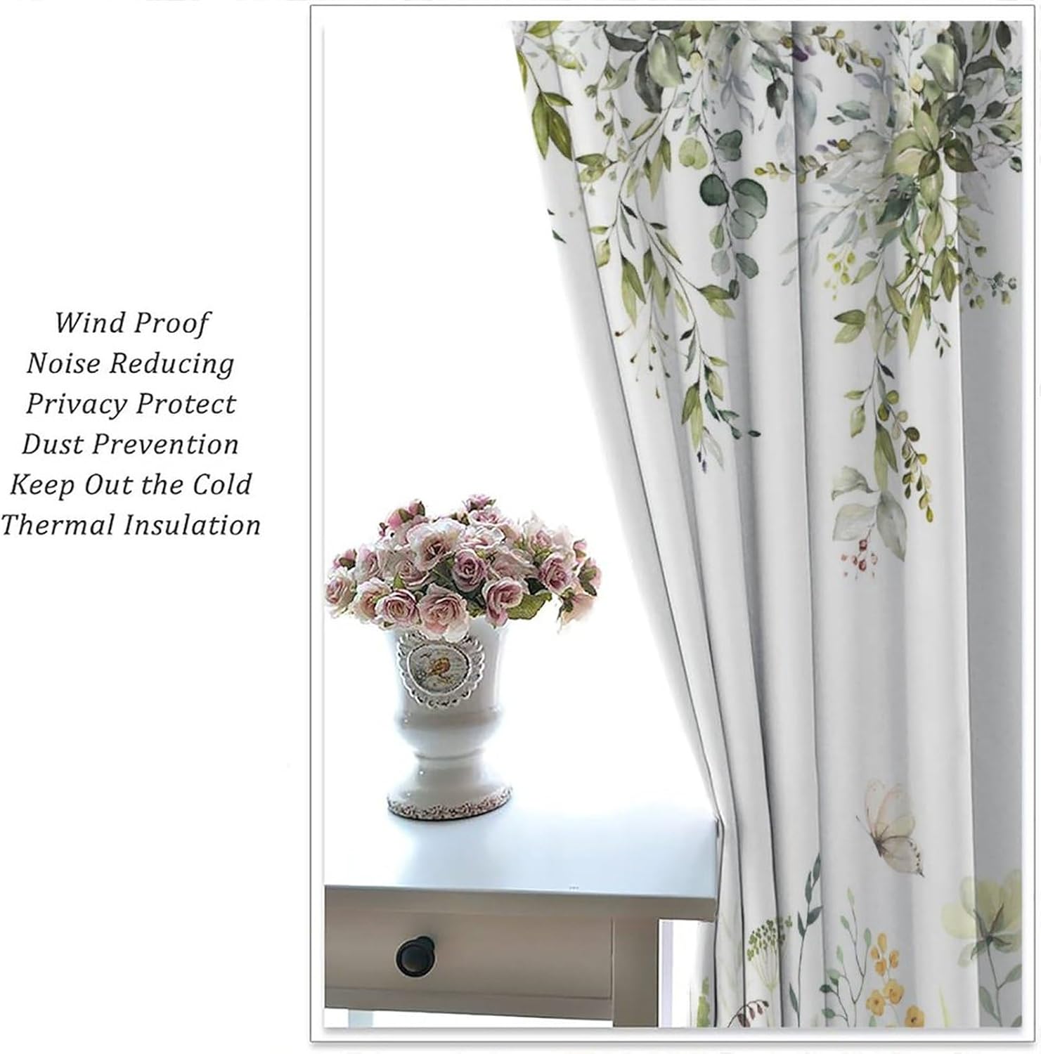Fall Eucalyptus Leaf Blackout Curtains, Watercolor Fall Thanksgiving Floral Plant Butterfly Rod Pocket Curtains for Bedroom Living Room Curtains42X45 Inch