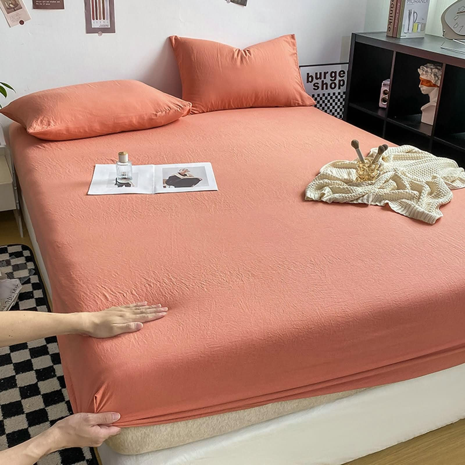 Lot 3 Drap Housse en Coton Lavé Elastique, Couleur Unie, 120 x 200 CM + 2 Taies d'oreillers, Orange