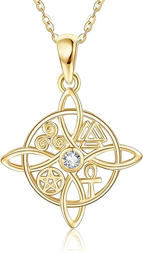 Collar de oro de 14 quilates con nudo de bruja, gato, girasol, oro amarillo sólido de 14 quilates, diseño de girasol, egipciobruja, regalo de