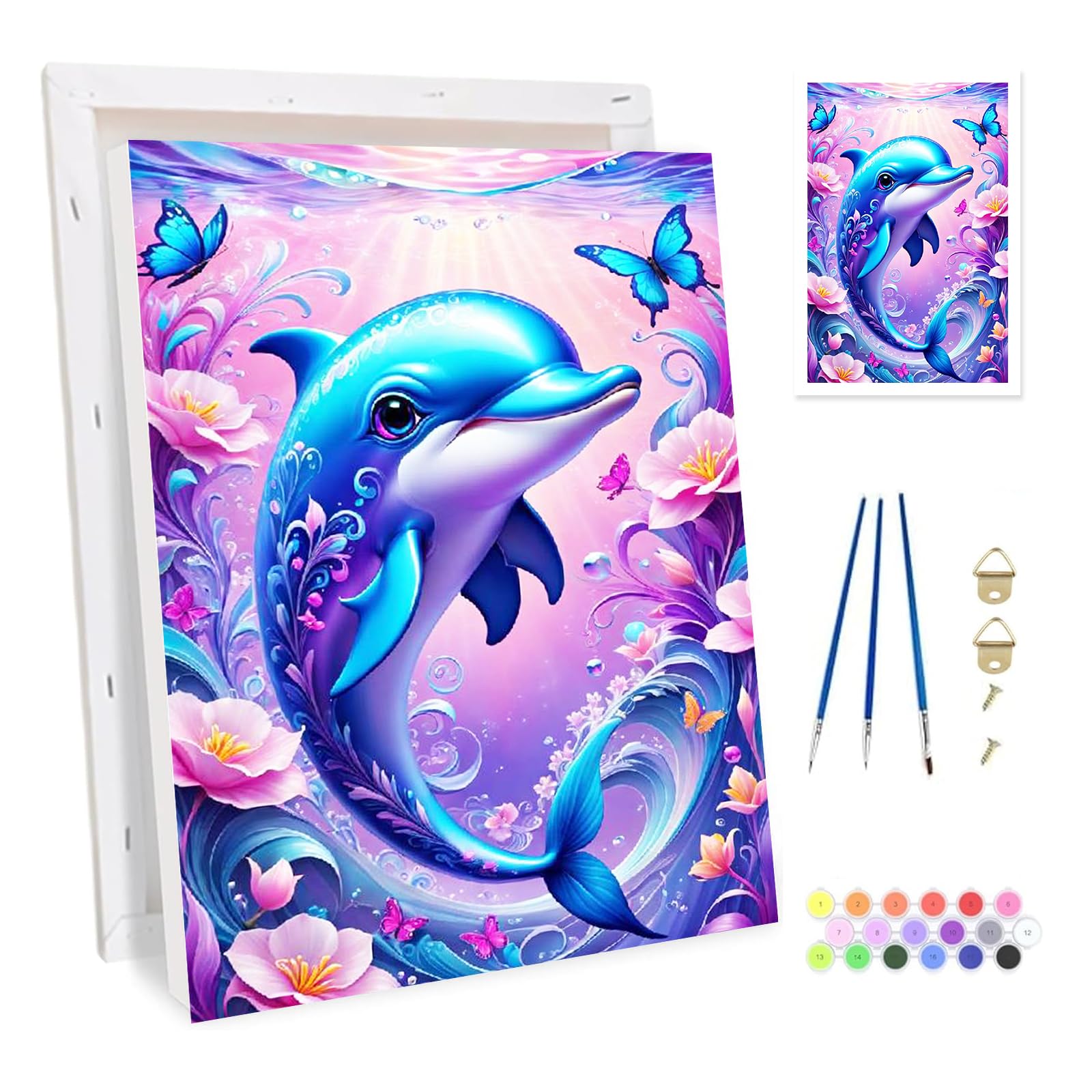 Bowetile Easter Dolphines Framed Paint by Numbers for Adults, Landscape Painting by Numbers Kit for Adults Beginners Canvas Kit, DIY Color Oil Painting Acrylic Paints for Home Wall Decor 20x30cm