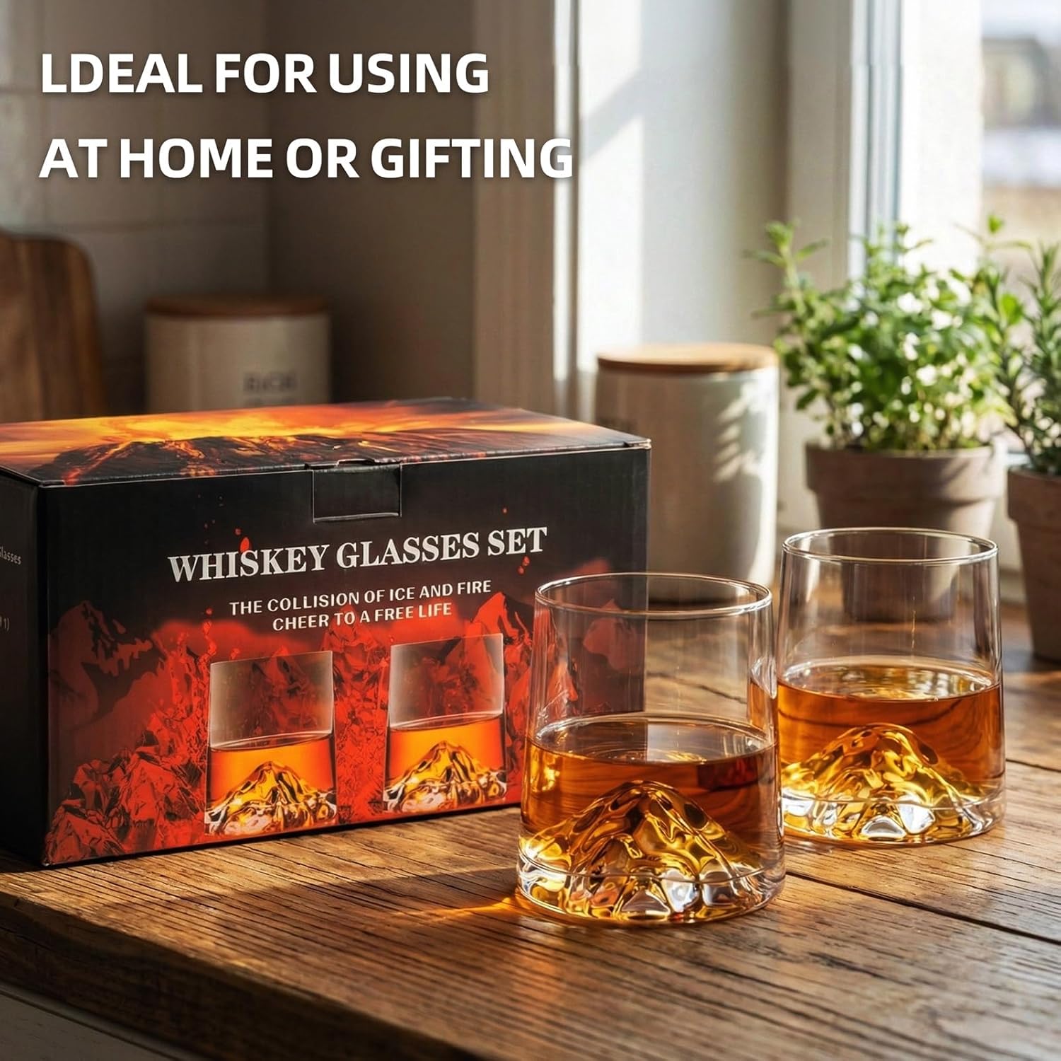 Stemless Wine Glasses Set of 4,8.5 oz Mountain Crystal Whiskey Glasses Gift for Birthday,Christmas, Wedding,Thanksgiving,Dad or Boyfriend on Father's Day
