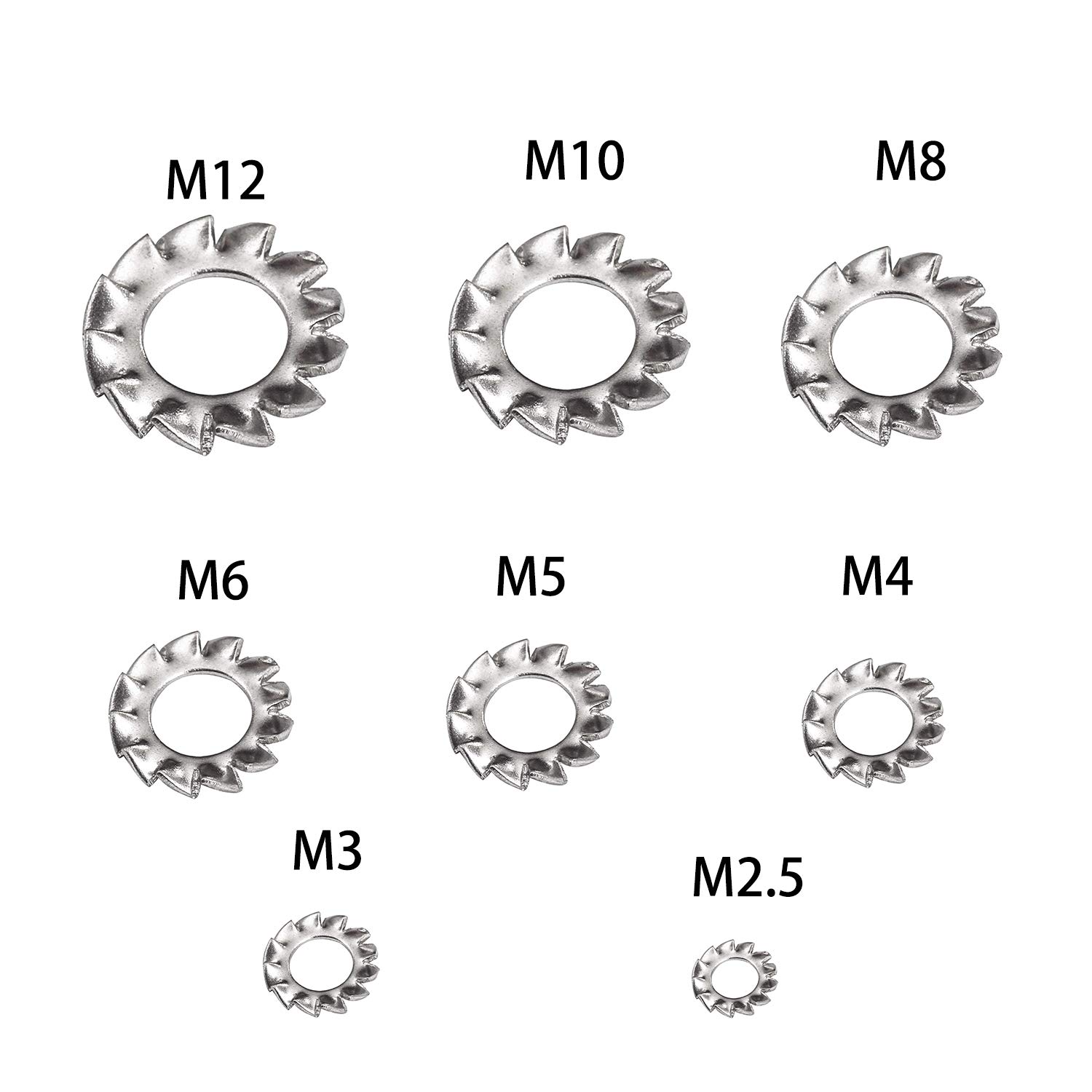 YouU 300 Stück Edelstahl Unterlegscheiben Set | Starlock Außenverzahnung M2.5-M12 | 304 Stahl