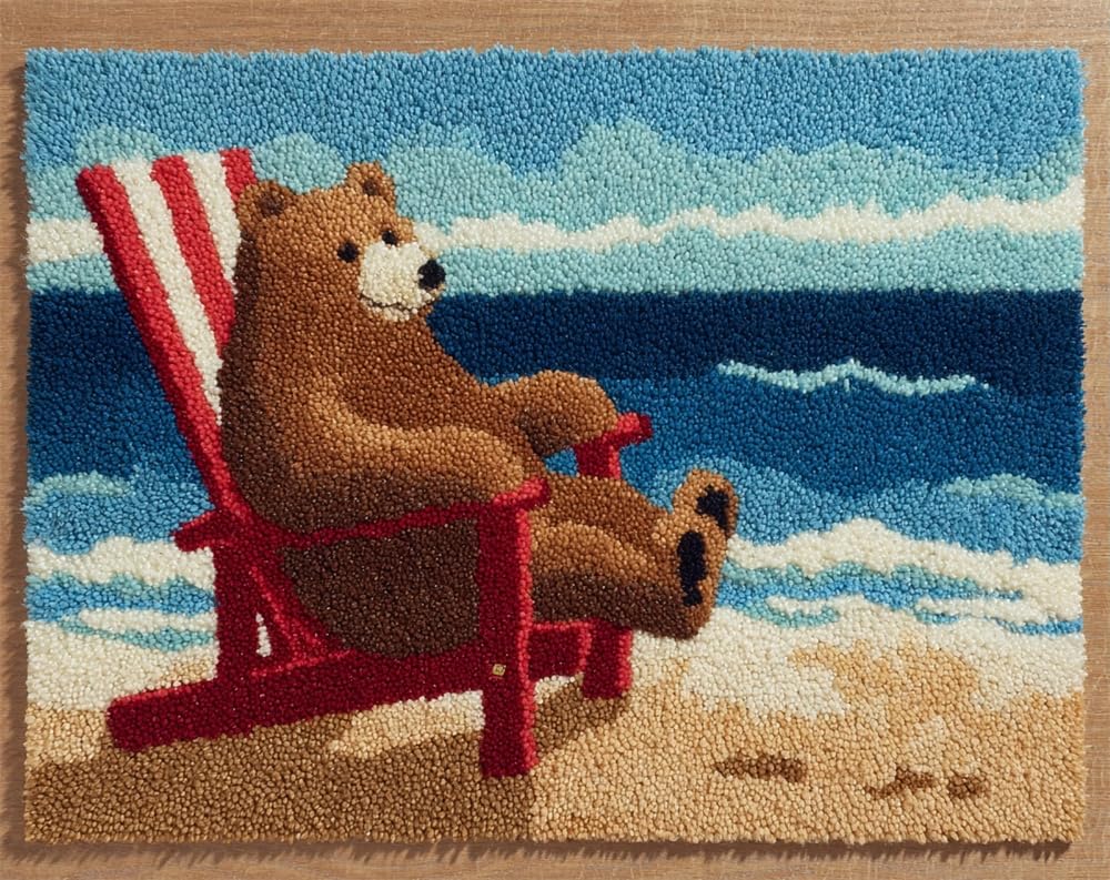 Large Latch Hook Kits For Adults, Bear Sitting On A Beach Chair Rug Making Kit For Adults Beginners, Pre-Printed Pattern Rug Making Kit, Tapestry Kits Rug For Beginners, Latch Hook Rug Kits 39X55In