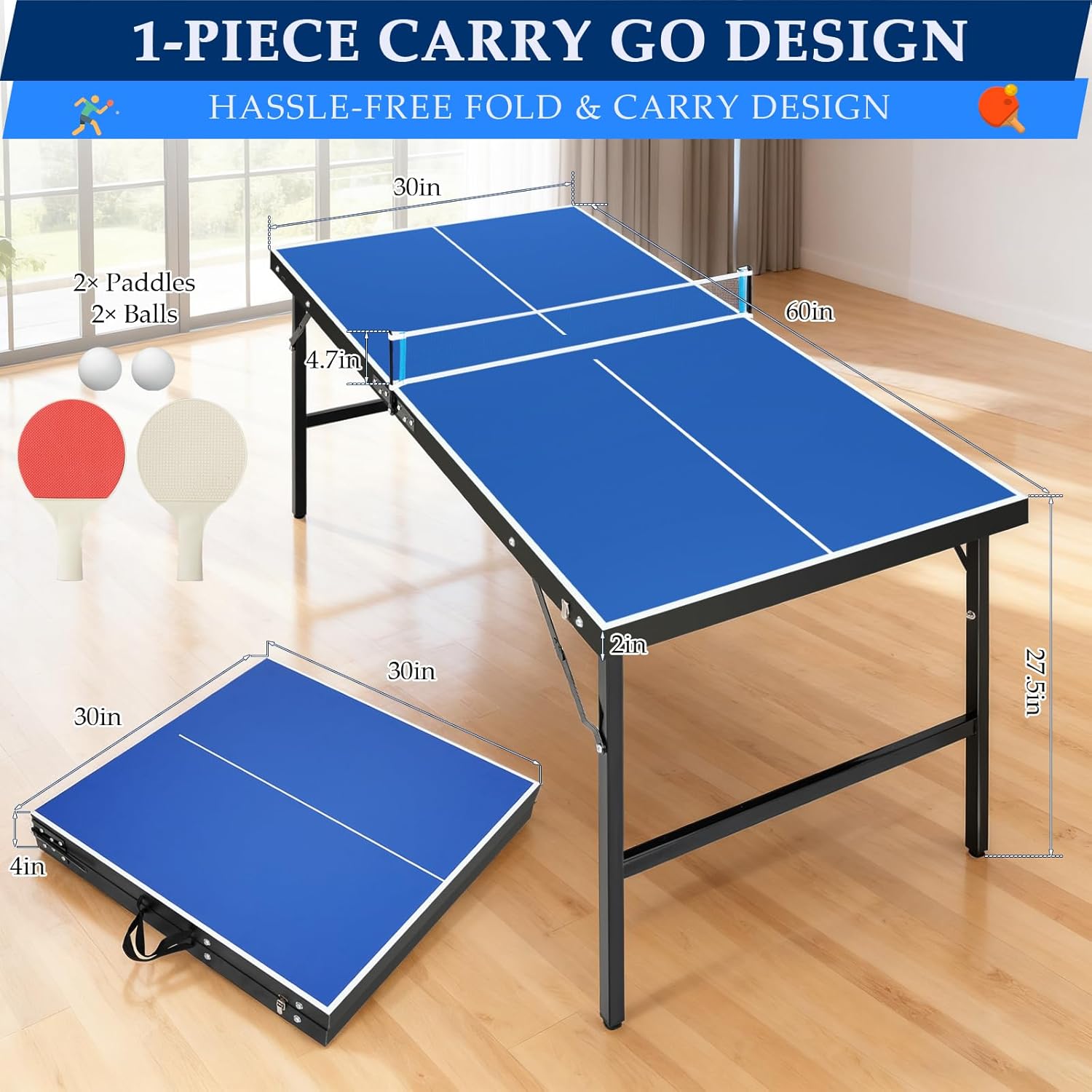 5FT/9FT Portable Ping Pong Table, Table Tennis Game Set with Quick Clamp Ping Pong Net, Indoor Regulation Size Foldable Table Tennis Tables w/ 2 Paddles, 2 Balls, Quick Assembly
