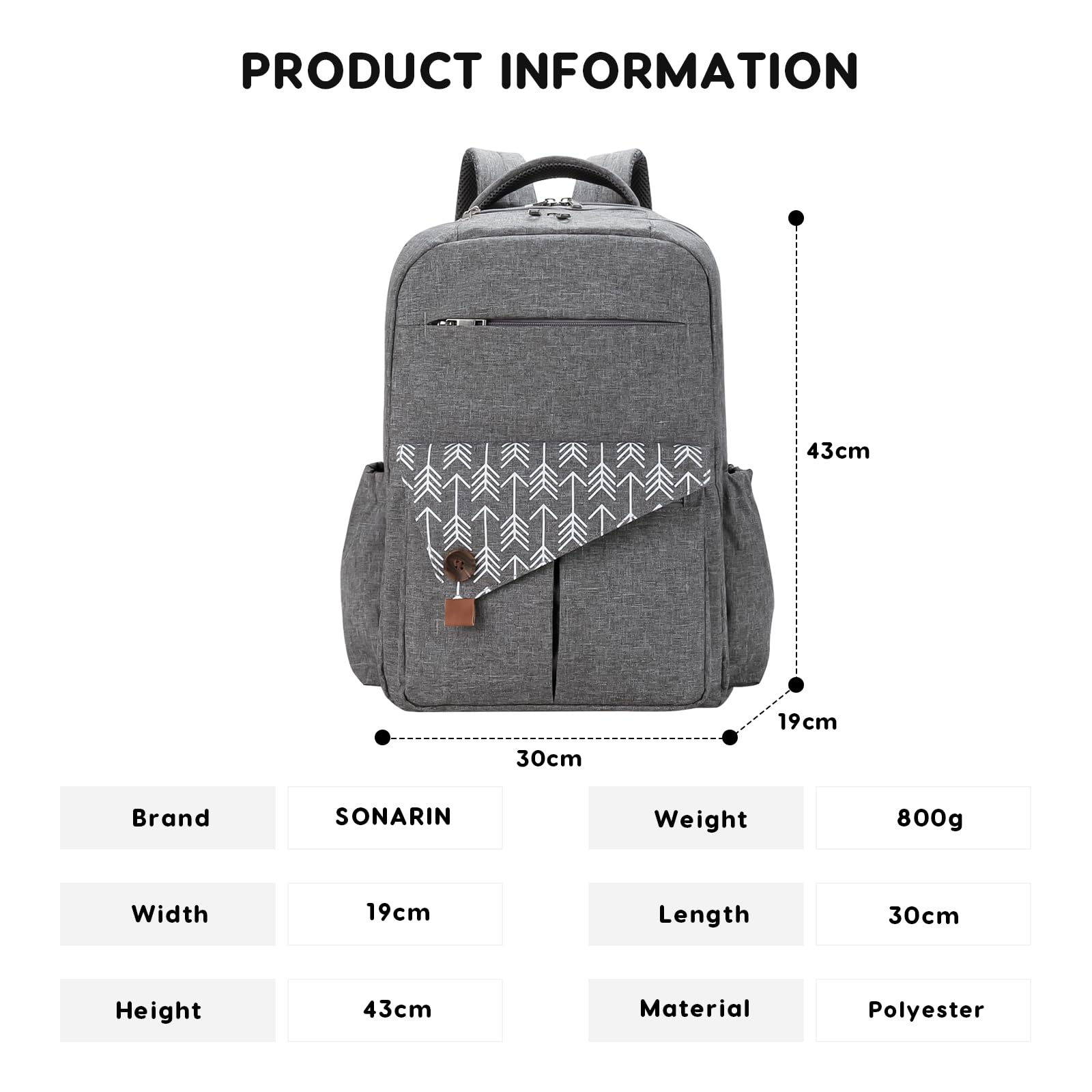 SONARIN Grande Capacità Multitasche Zaino Fasciatoio,Borsa per Pannolini Multifunzionale Impermeabile Zaino Mamma Neonato Borsa Fasciatoio da Viaggio con Ganci per Passeggino(Grigio)