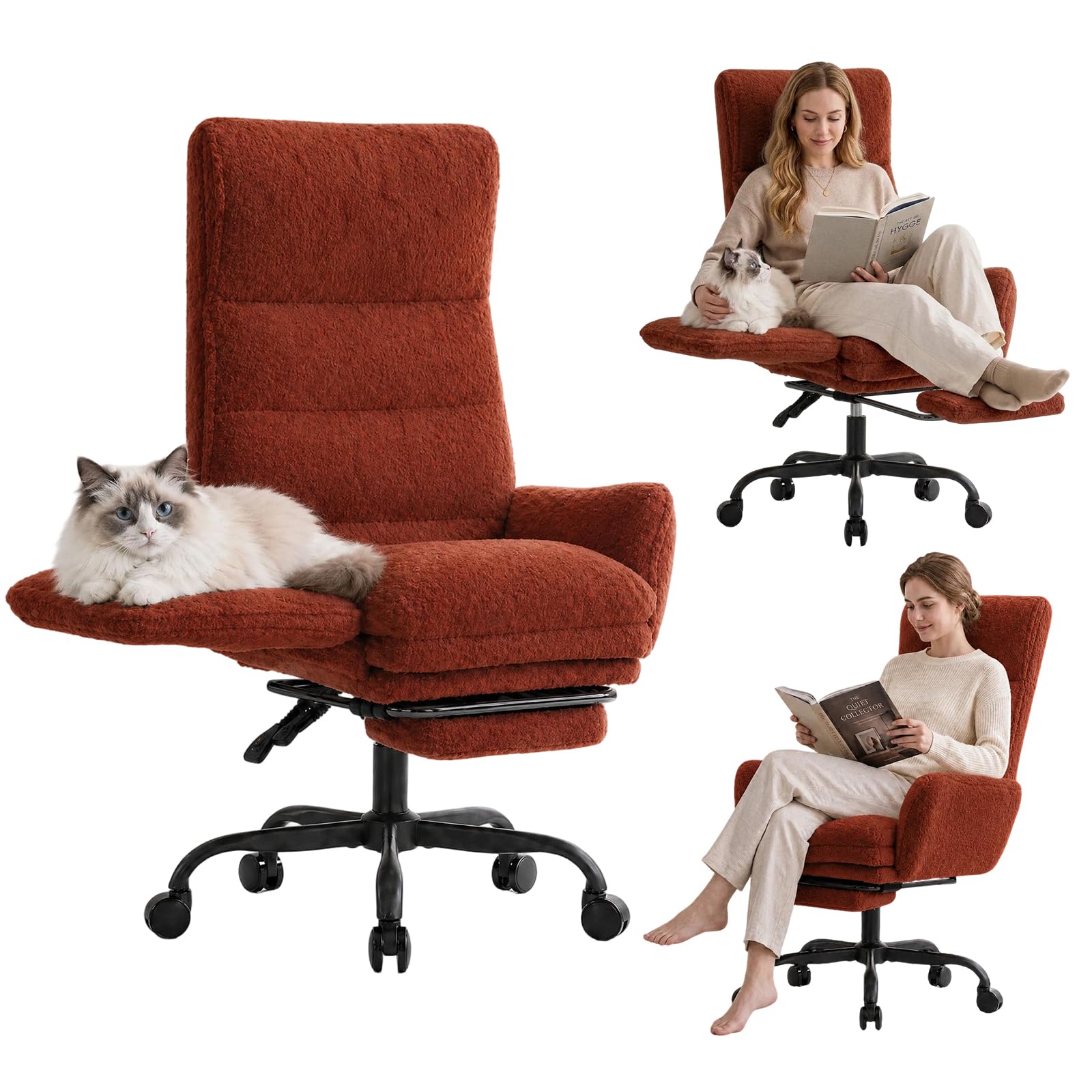 Silla Oficina en Casa, Silla Escritorio Ergonomica con Reposapies, Silla Piernas Cruzadas Altura Ajustable con Reposabrazos Abatibles, Silla Ejecutiva, Asiento Ancho, Tela de Peluche, Marrón Global Recycled Standard Global Recycled Standard Global Recycled Standard