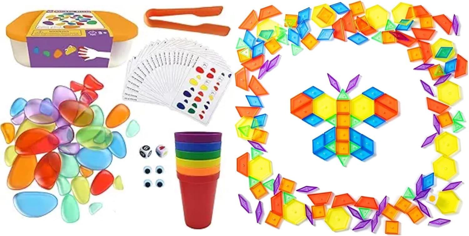 Rainbow Stacking Stones – 128 Pcs Translucent Pattern Blocks – Translucent Pebbles Set of 36, Perfect Light Table Toys for Kids' Learning & Fun