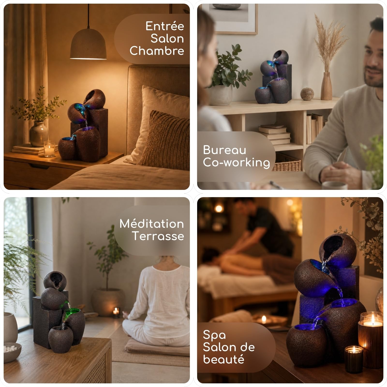 Fontaine d’Intérieur Cascade 4 Niveaux Jarre Effet Pierre Naturelle Lumière LED Coloré, Déco d’intérieur Zen et Élégant, Fontaine de Table, Idée Cadeau Exceptionnelle, H 25cm – Luba Zen’Light