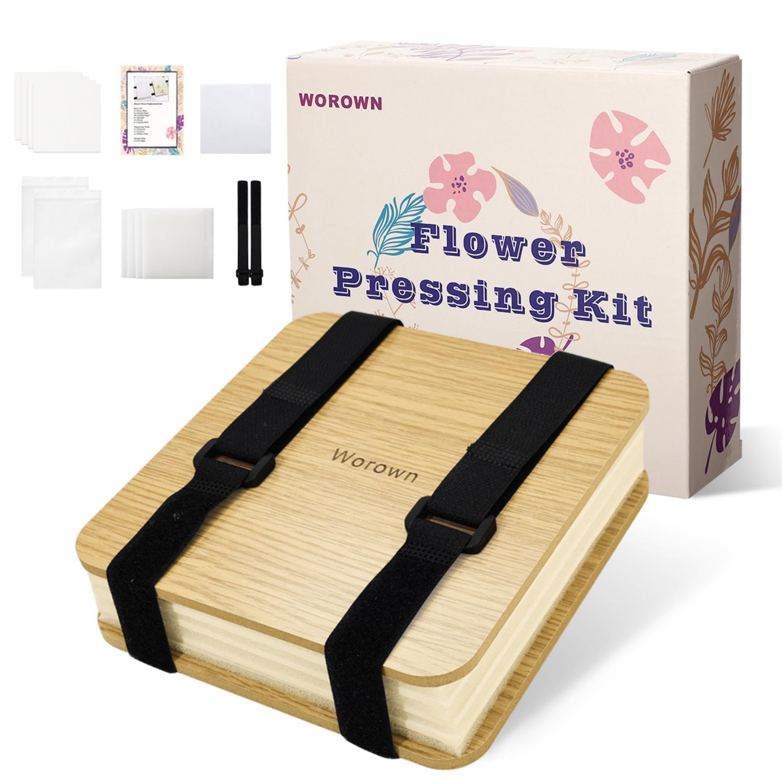Worown Blumenpresse-Set (15 x 15 cm), 4- Schichten Blütenpresse aus Naturholz,für zum Basteln, mit Anleitung & Geschenkbox (Braun)