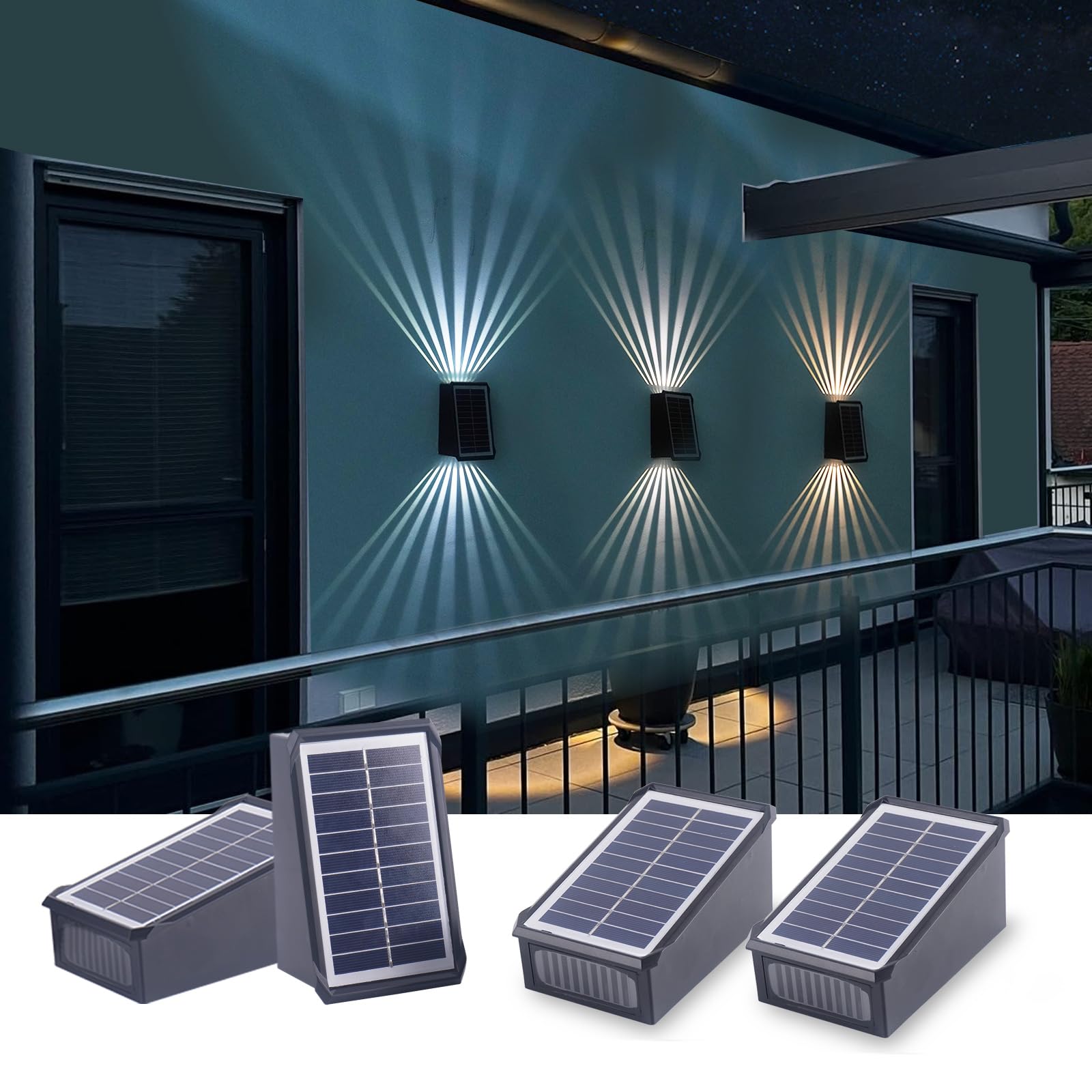 Applique da Esterno Solare 4 Pezzi,CCT Luci da Esterno Giardino Solari Su Giù Regolabile Design,Impermeabile IP65 Lampada da Parete a Energia Solare per Recinzione,Patio,Corridoio,Percorso
