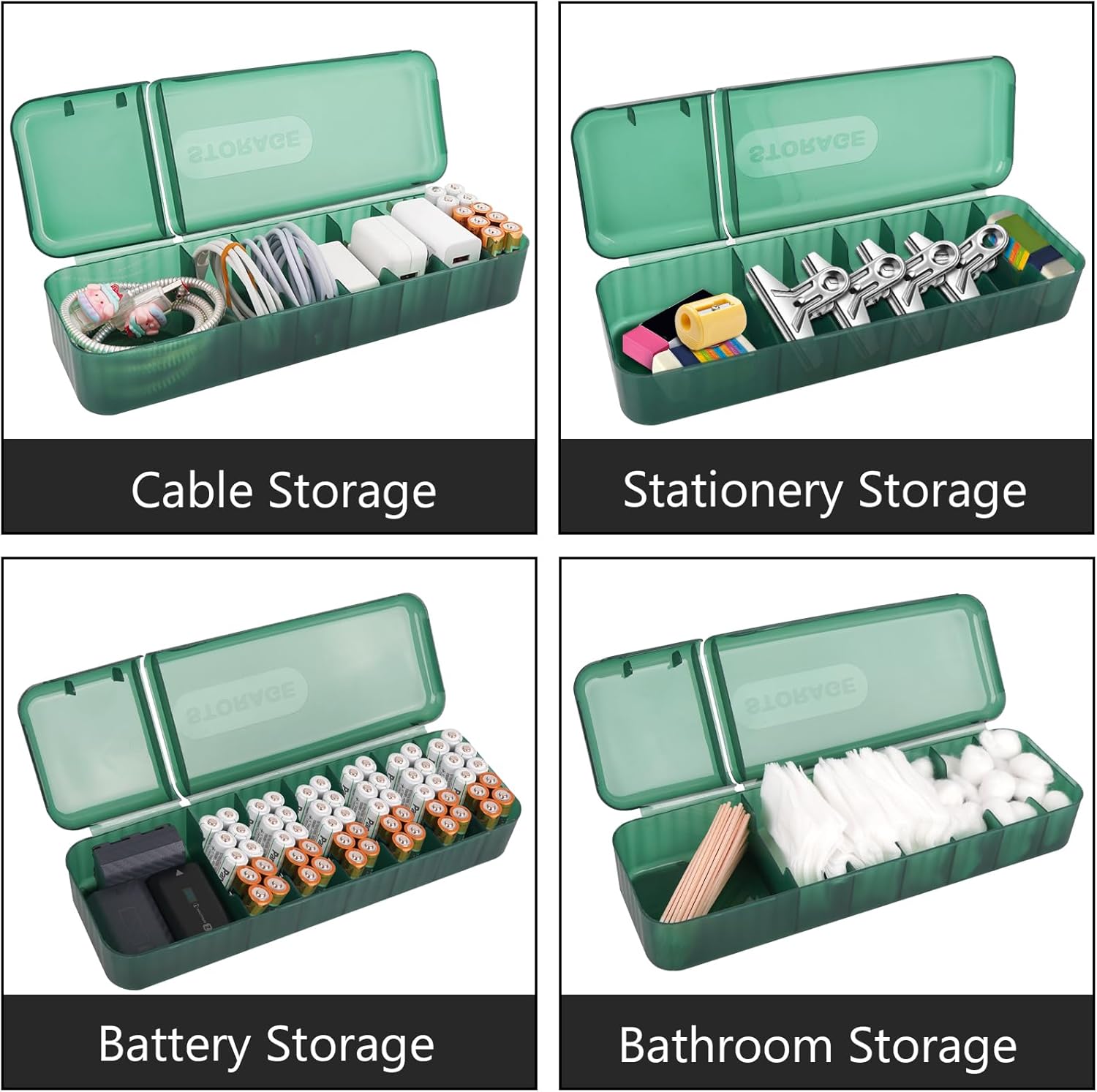 LUWOO Cable Organizer Box with 10 Wire Ties, Clear Charge Cord Management Cases with 7 Compartments, Desktop Drawer Organizer Storage Container, Wire Storage Box with Lid (Green)