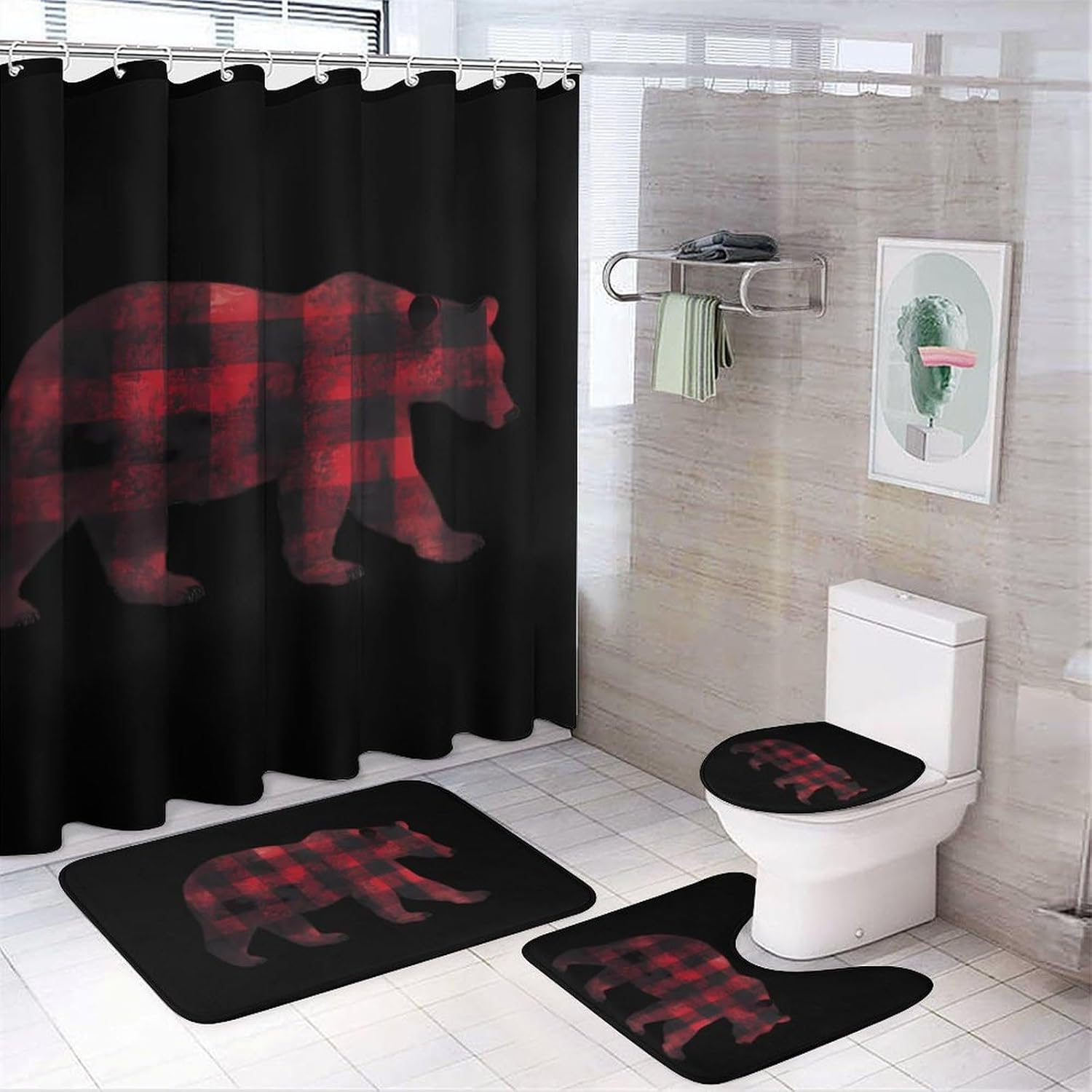 Red and Black Plaid Bear Bathroom Sets with Shower Curtain and Rugs 4 Piece with U-Shaped Floor Mat Toilet Lid Cover