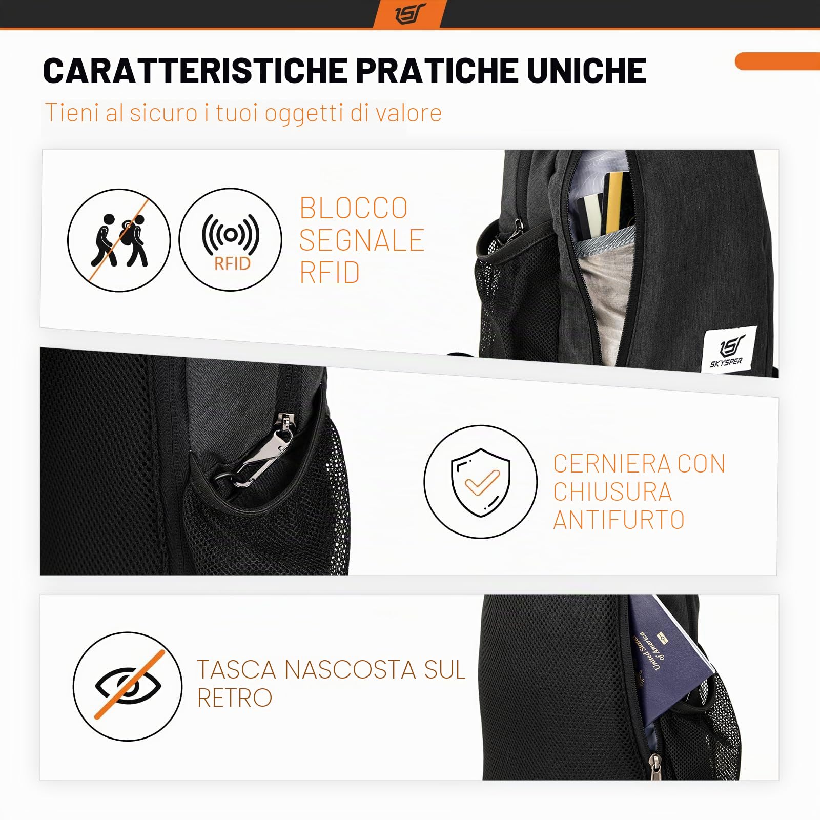 SKYSPER Zaino Monospalla con Protezione RFID, Borsello Monospalla Uomo Antifurto Borsa a Tracolla da Petto 9L per Viaggio Passeggio Trekking