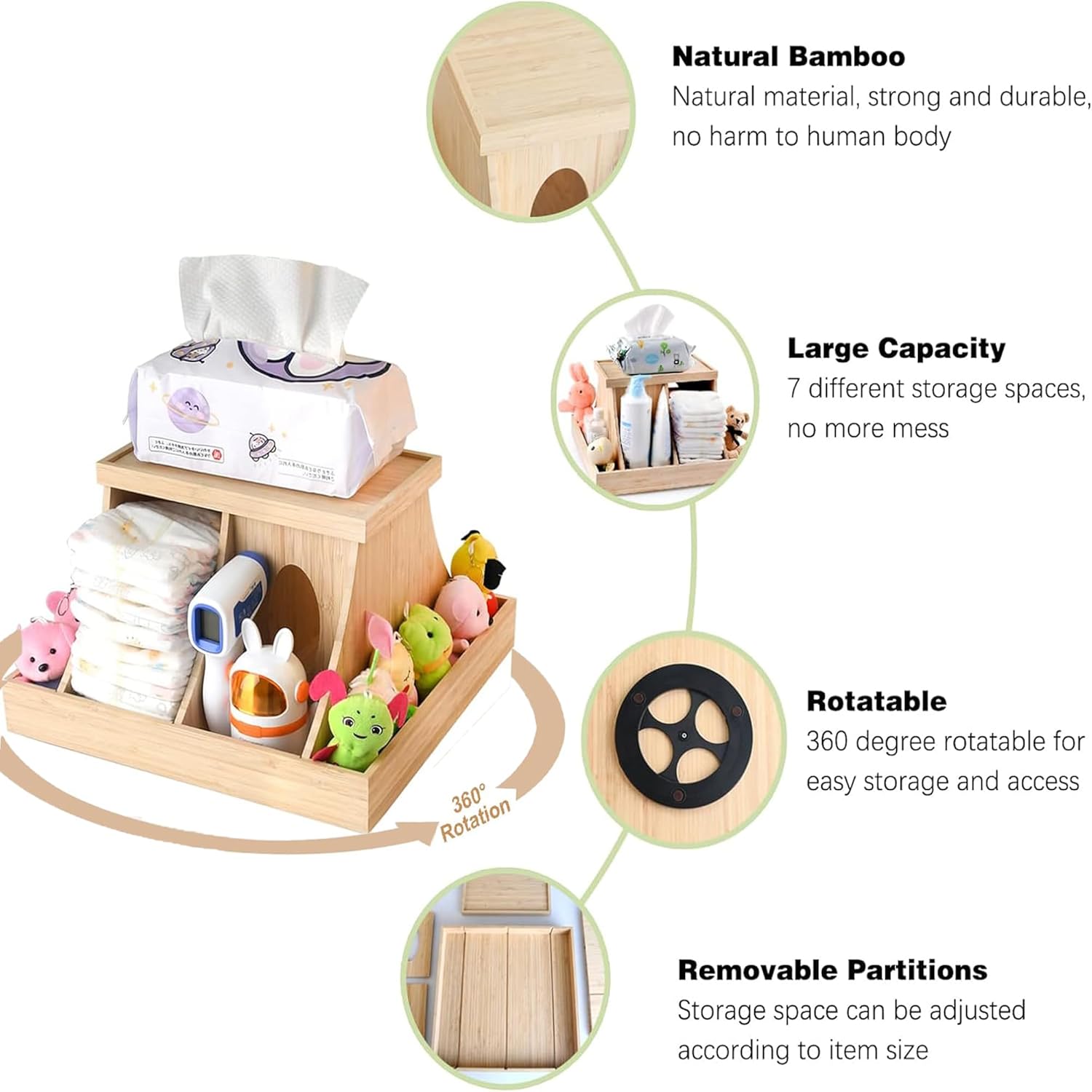 Wooden Baby Diaper Cabby Organizer, 360 Degrees Rotating Bamboo Cabby Storage with Removable Divides, Nursery Diaper Organizer