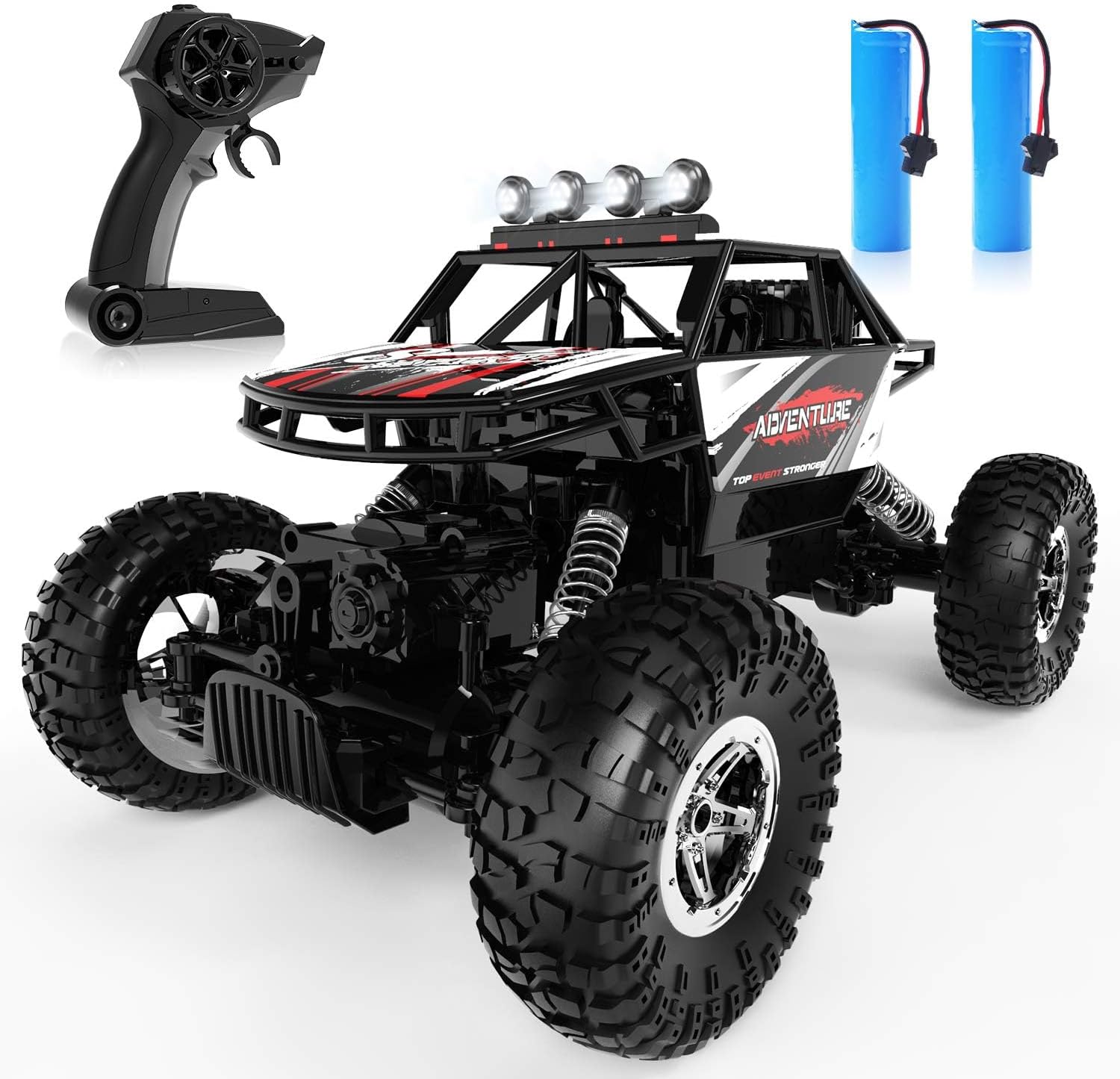 DEERC 1:14 RC Monster Truck 4WD Off Road Remote Control Car, Metal Body Rock Crawler with Dual Motors, LED Lights, 2.4GHz All Terrain Hobby Truck, 2 Batteries 90 Min Play, Gift for Boys Adults