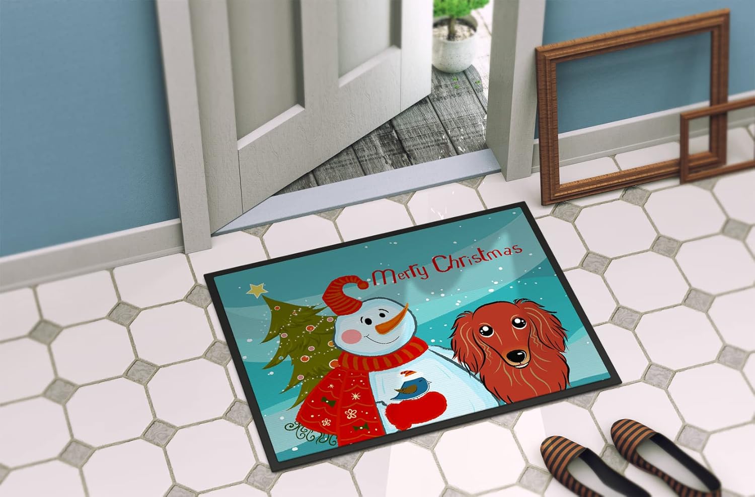 Caroline's Treasures BB1834MAT Snowman with Longhair Red Dachshund Doormat 18x27 Front Door Mat Indoor Outdoor Rugs for Entryway, Non Slip Washable Low Pile, 18H X 27W