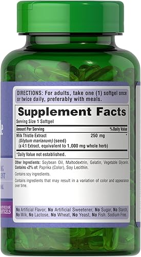 Miniatura 2 de Puritans Pride suplemento de cardo de leche, extracto 41, 180cápsulas blandas de 1,000mg (silimarina)