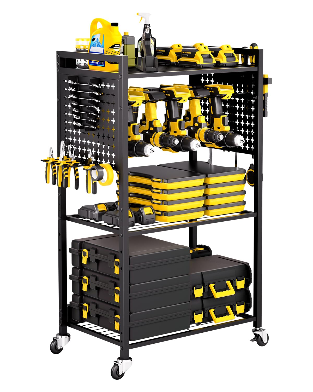 VEVOR Chariot à Outils, 4 Niveaux, Chariot Servante d'Atelier à roulettes, Capacité de Charge 68 kg, Rangement d'Outils Électriques, Support de Perceuse, pour Garage, Atelier de Réparation, Noir