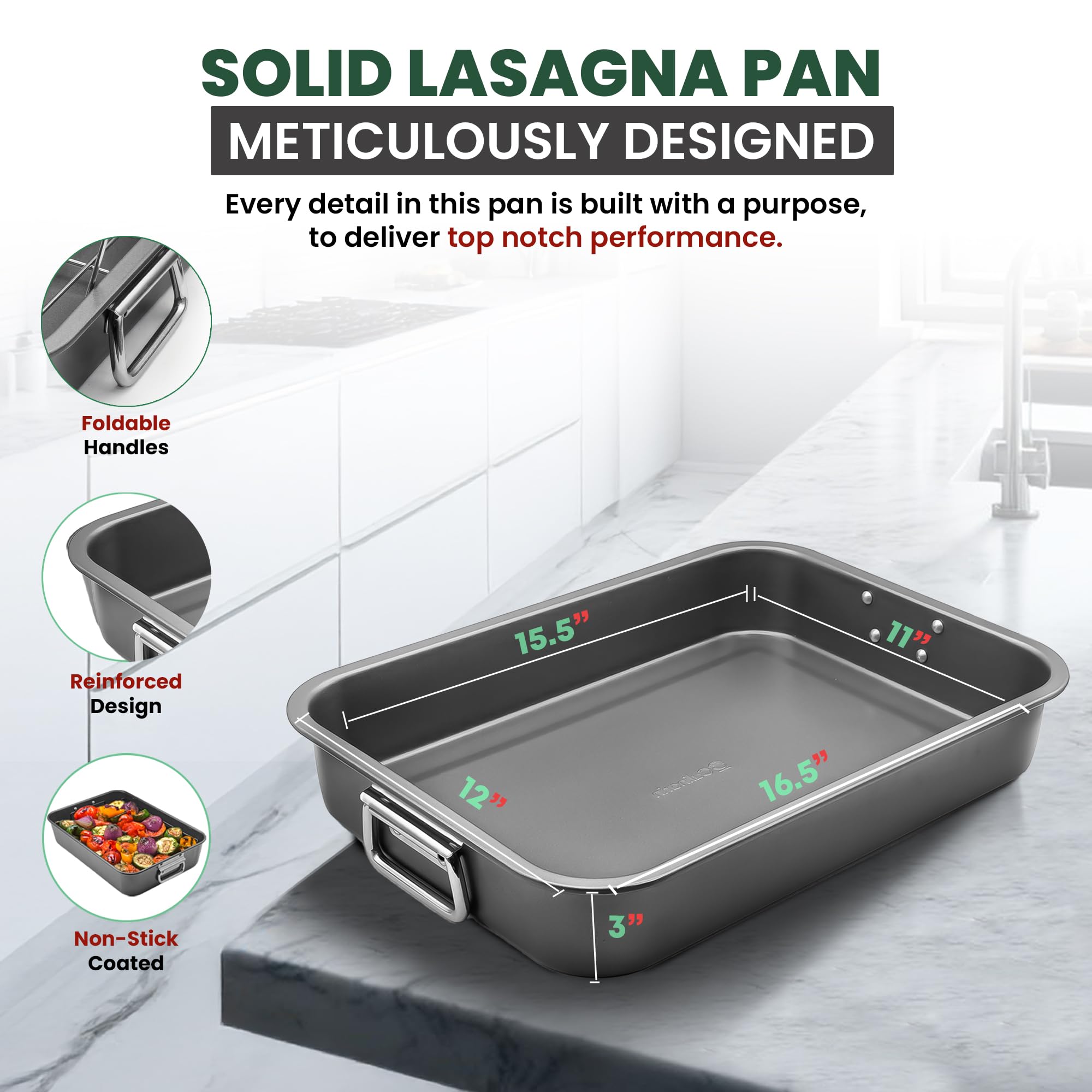 Large Lasagna Pan - Nonstick & Dishwasher Safe -3