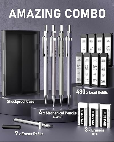 Miniatura 6 de Four Candies Juego de lápices mecánicos de metal de 0.035 in con estuche, 4 lápices mecánicos de lujo, 8 tubos de repuesto de plomo HB #2, 3