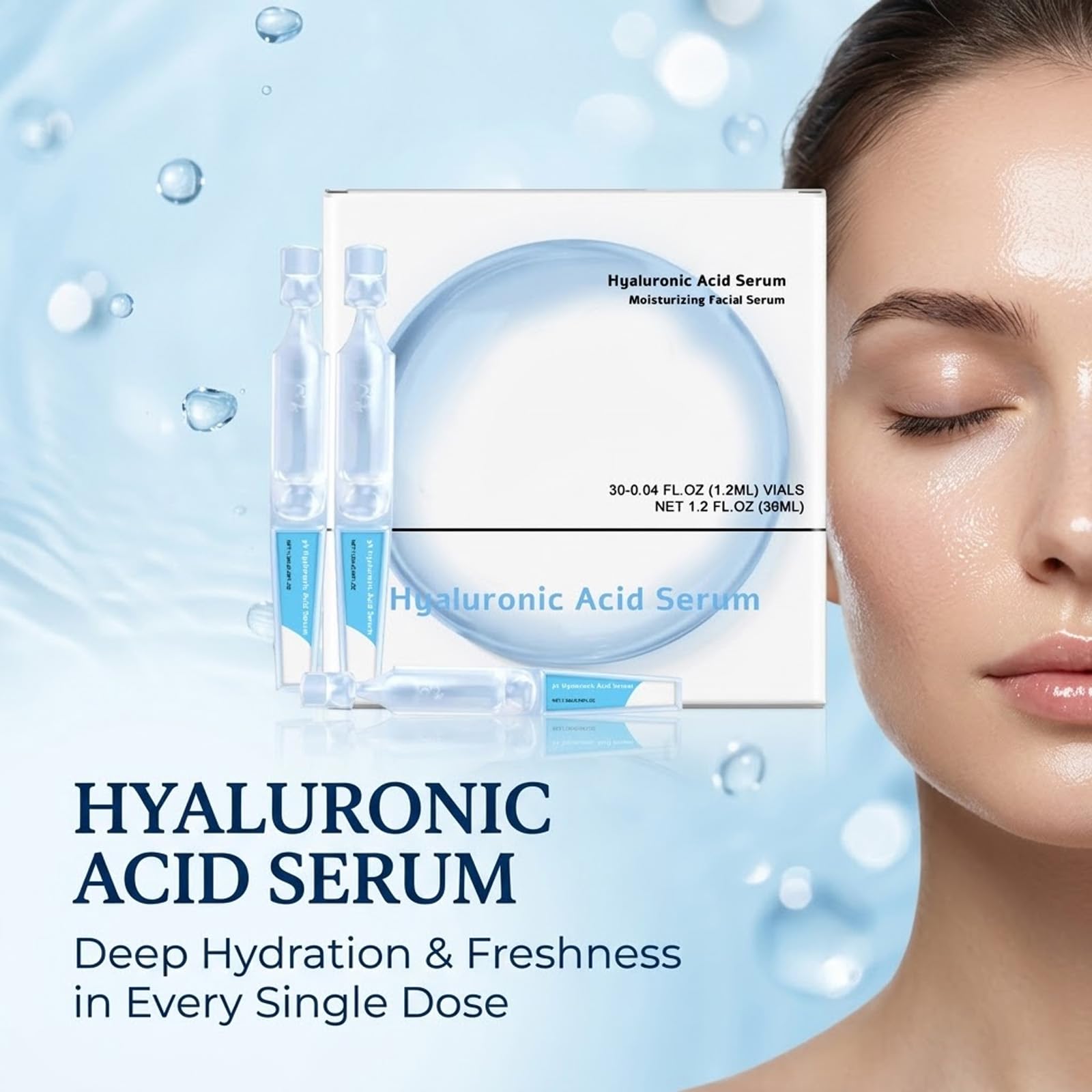 30 fiale di siero sterile all'acido ialuronico da 1,2 ml, 4D HA siero viso | Crema idratante per pelli secche e sensibili, siero invecchiamento con collagene per un effetto luminoso