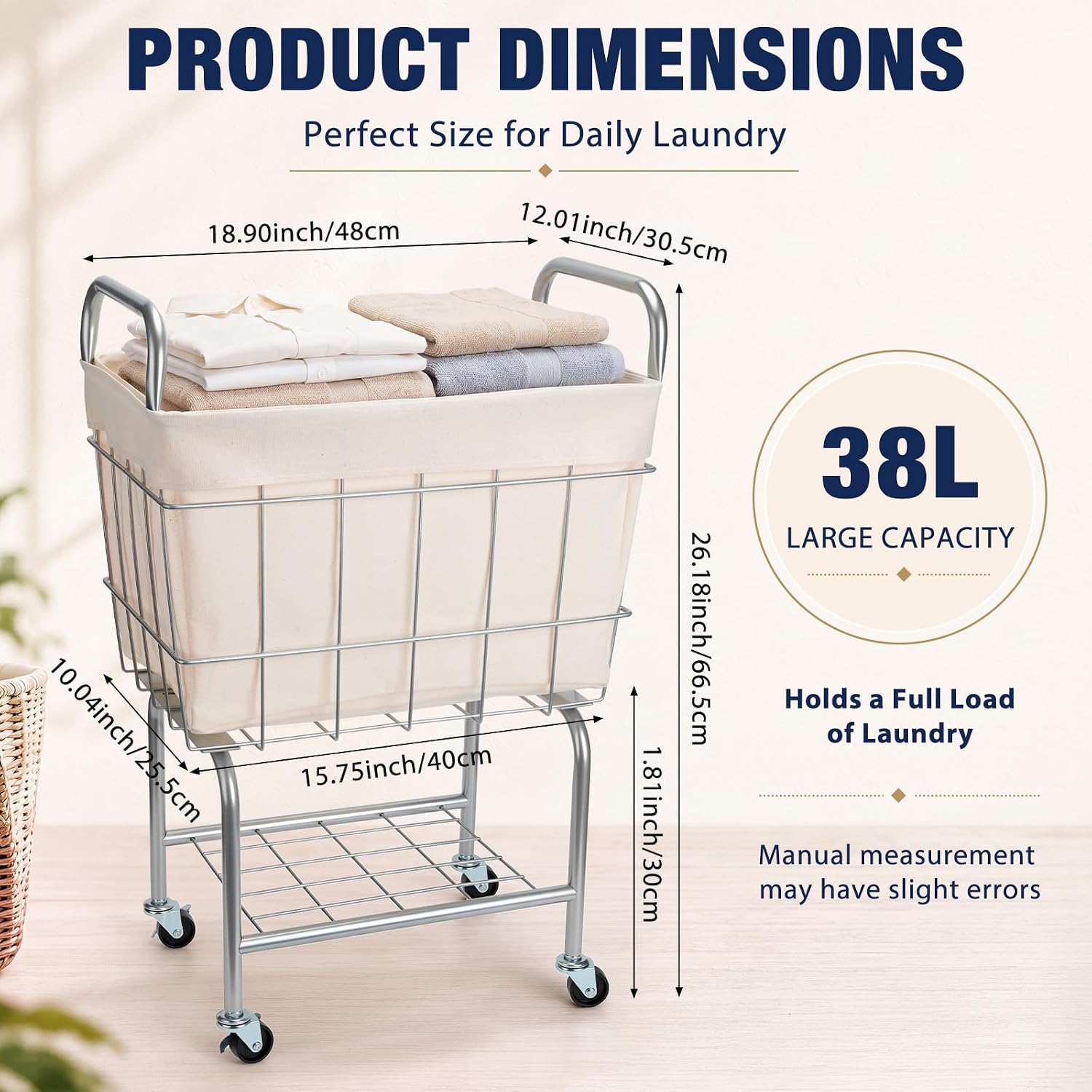 Rolling Laundry Basket with Wheels 26" Height Metal 2-Tier Cart image 2