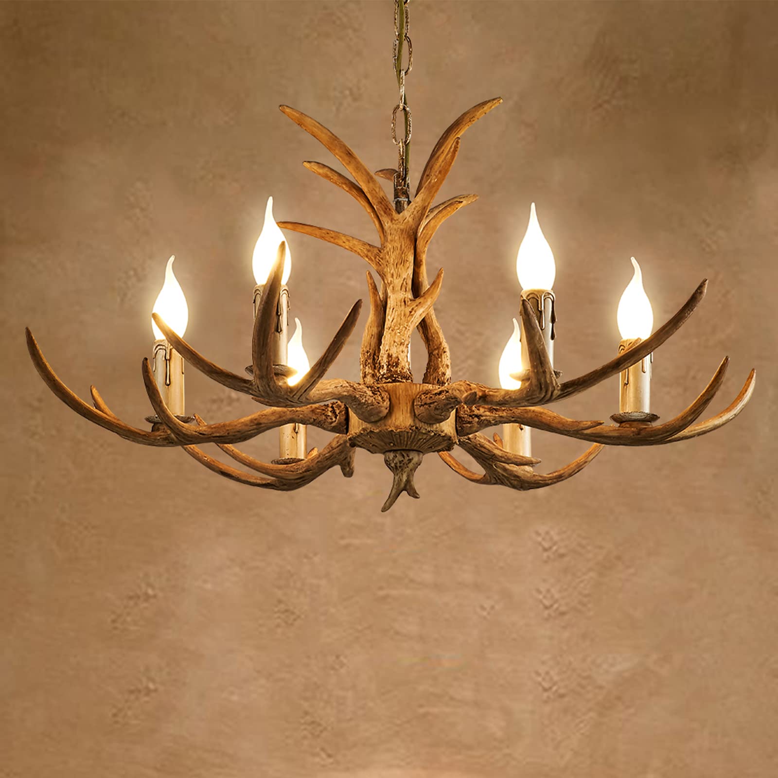 Futchoy Chandelier Vintage Faux Antlers Ceiling Light Rustic Hanging Lamp E14 6 Lights for Living Room, Dinning Room, Restaurant, Bar Retro Resin Pendant