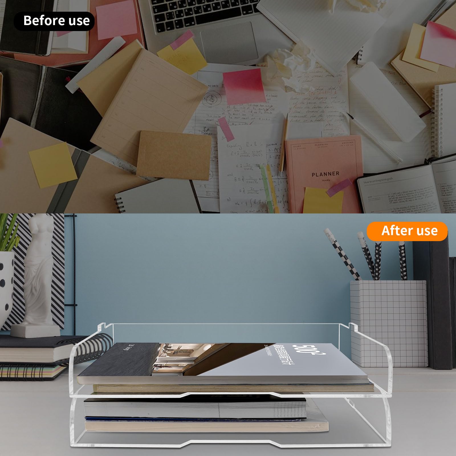 Paquete de 2 bandejas de papel apilables para cartas, revistero acrílico transparente y organizador de archivos, elegante organizador de escritorio para oficina en casa, estantería o espacio de