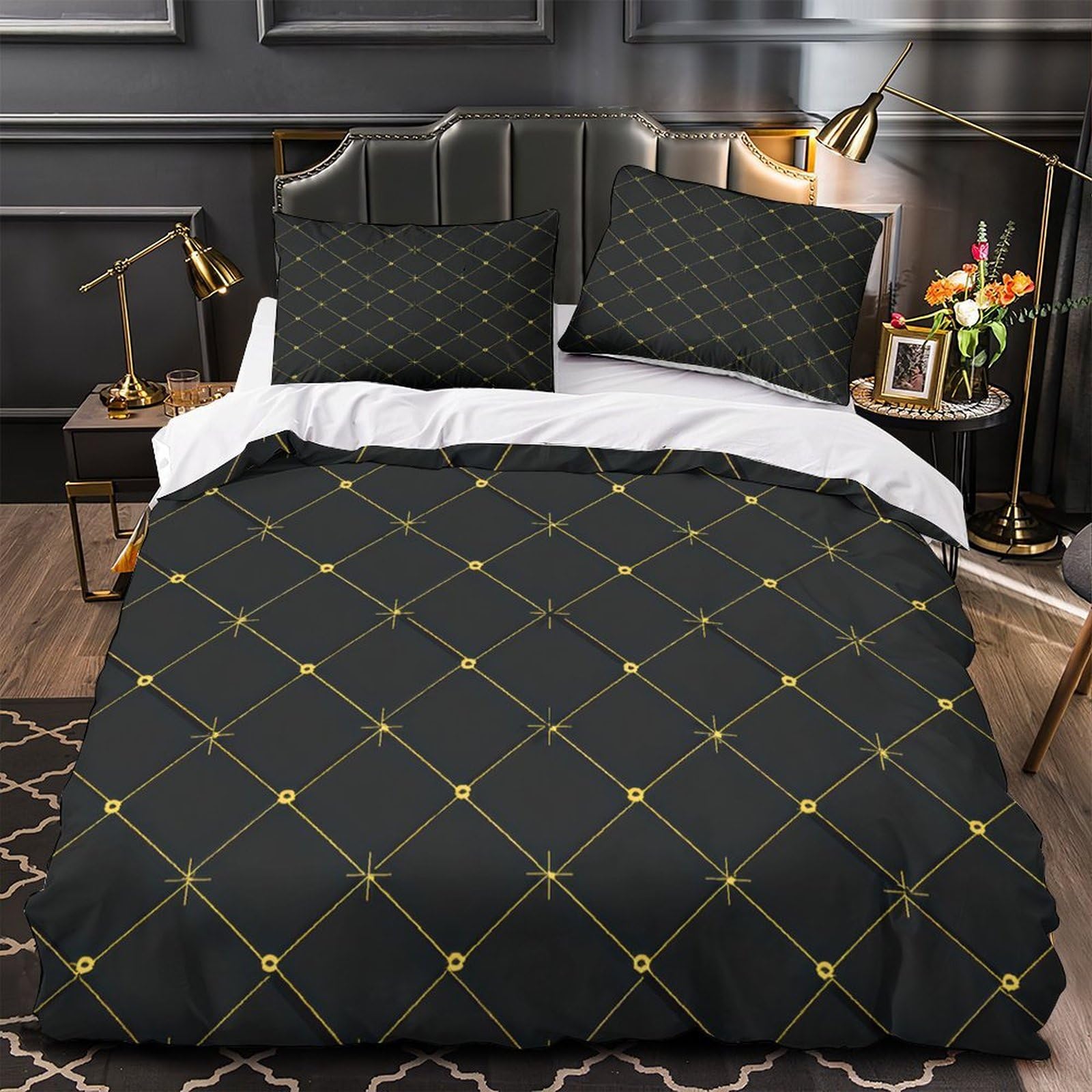 Housse de Couette Anti-Décoloration 3D Motif Géométrique Doré Lit Double 200x200cm Facile à Laver