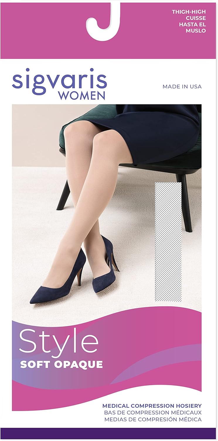 Sigvaris Women’s Style Soft Opaque 840 Closed Toe Thigh-Highs w/Grip Top 20-30mmHg - Black - Medium Long