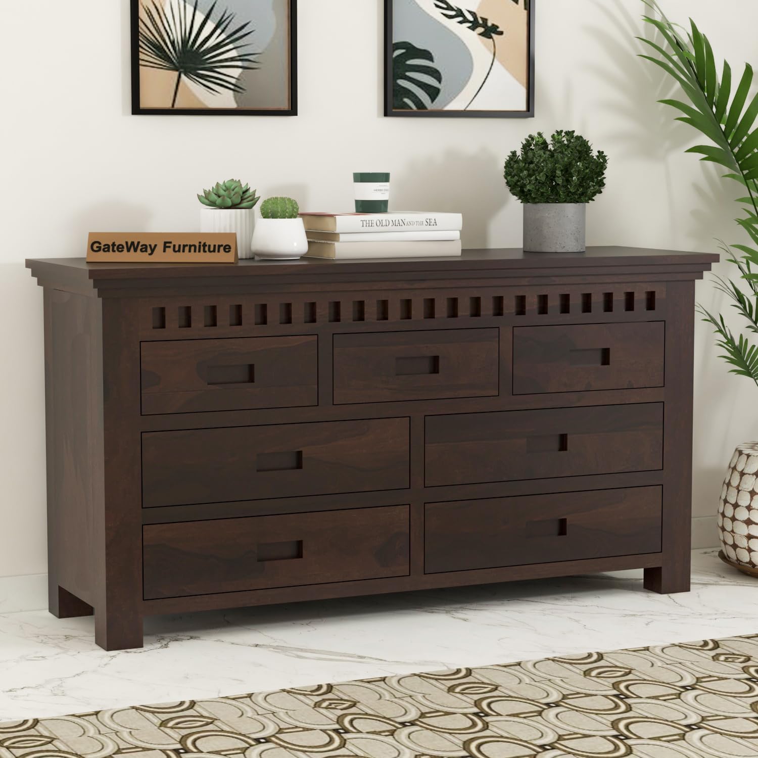 GateWay Furniture Solid Sheesham Wood Wooden Chest of Drawers with 7 Drawer Storage - Multipurpose Storage Dresser Cabinet Rack for Bedroom Home Living Room (William, Walnut Finish)-image-40