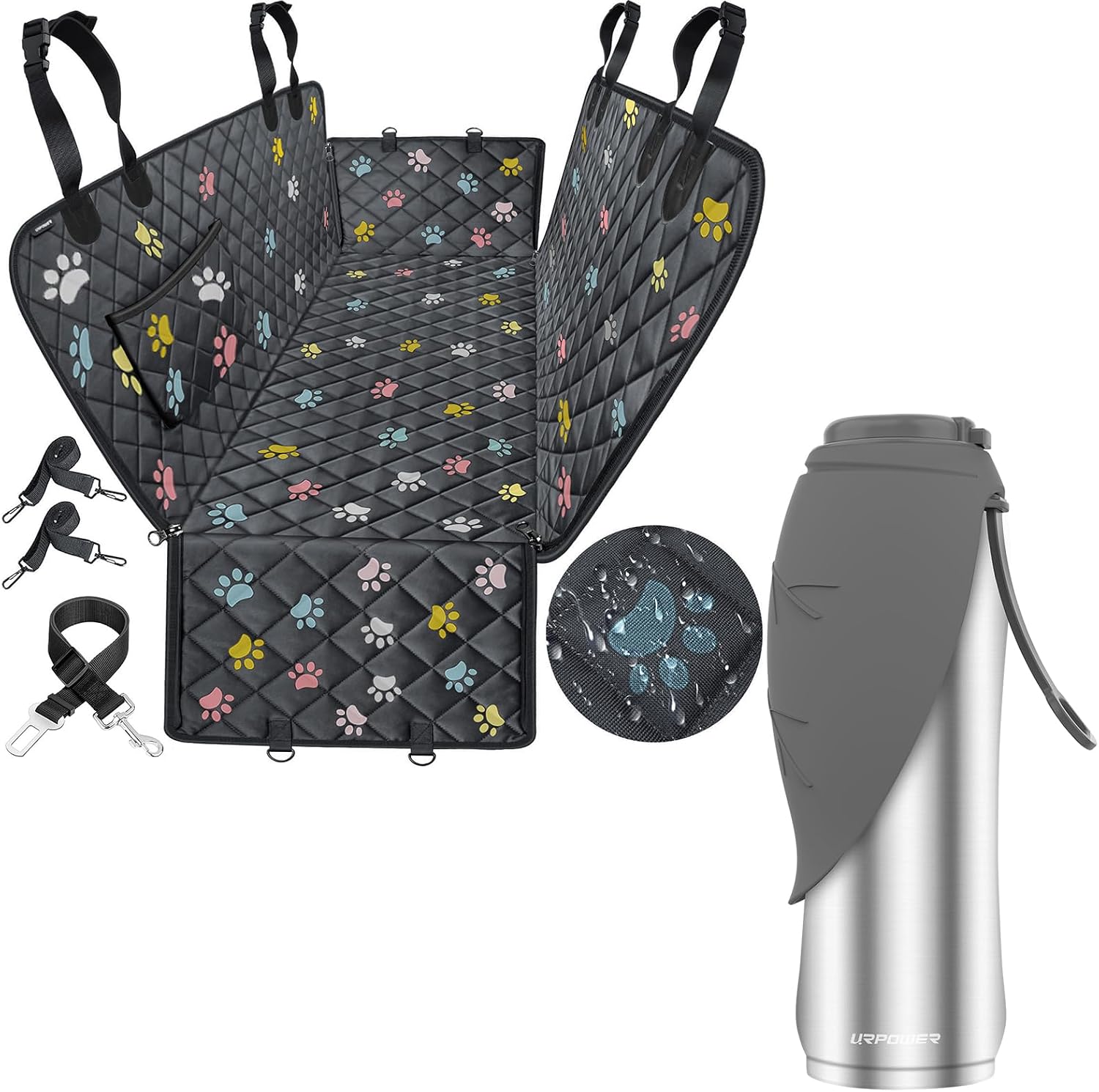 URPOWER 100% Waterproof Dog Car Seat Cover for Back Seat & 27Oz Insulated Portable Dog Water Bottle