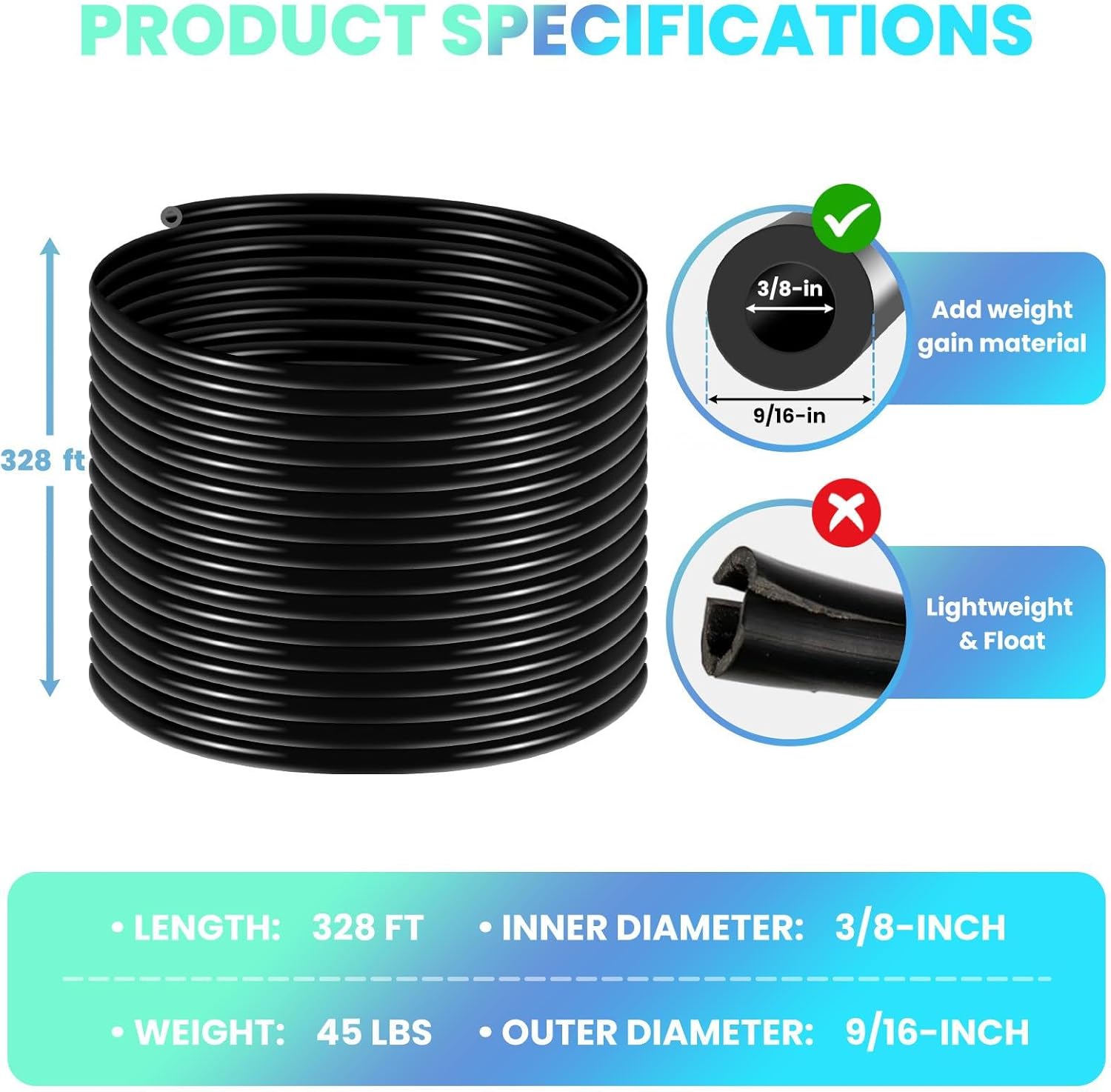 656 Ft 3/8 Inch Standard Practical Self Sinking Aeration Hose, Weighted Pond Aerator Hose Include 4 Stainless Steel Clamps And 4 Copper Menders, Rubber Pond Tubing For Garden And Lake Aeration