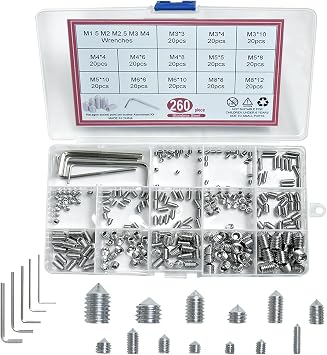 260Pcs Cone Point Grub Screws Mixed, M3/M4/M5/M6/M8 Hex Head Stainless Steel Socket Screws Assortment, with 5 Pcs Socket Allen Key, Screws Set with a Storage Box 260 Pcs