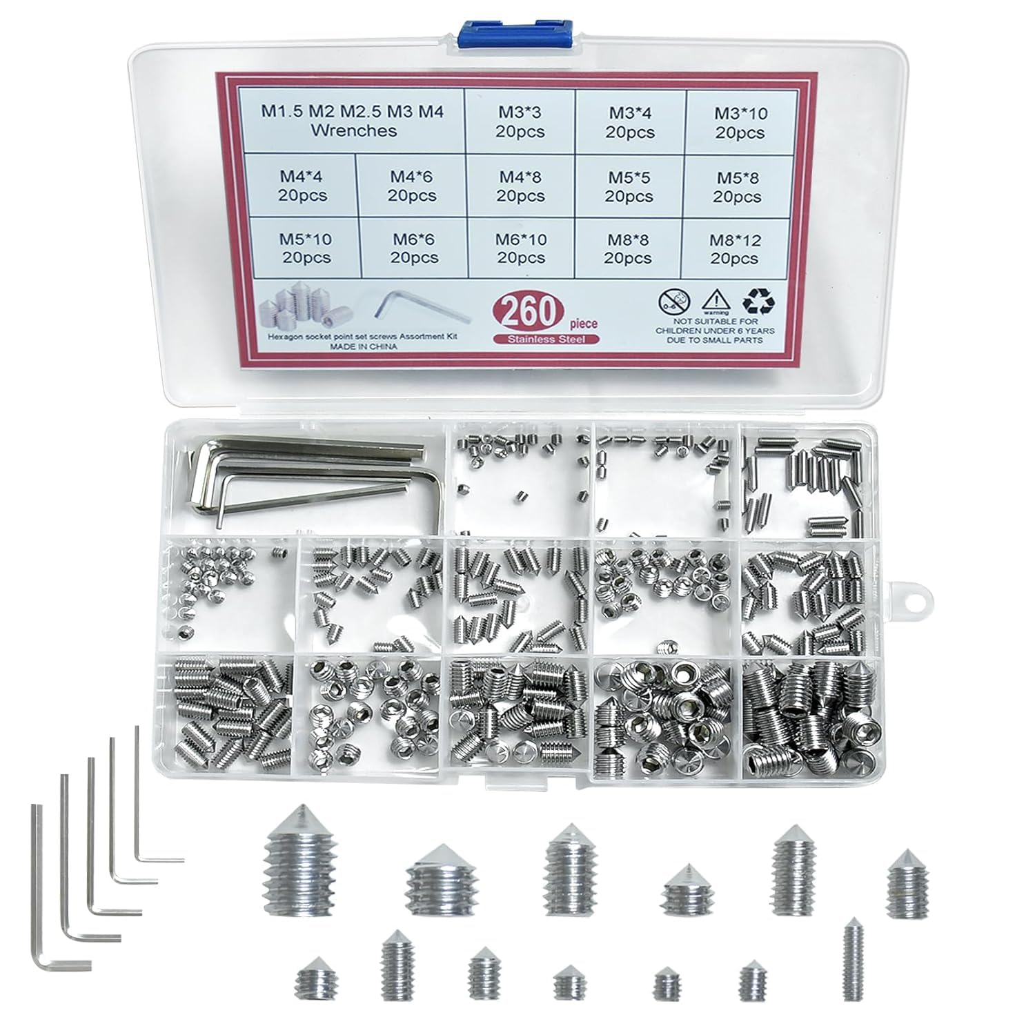 260Pcs Cone Point Grub Screws Mixed, M3/M4/M5/M6/M8 Hex Head Stainless Steel Socket Screws Assortment, with 5 Pcs Socket Allen Key, Screws Set with a Storage Box (260 Pcs)