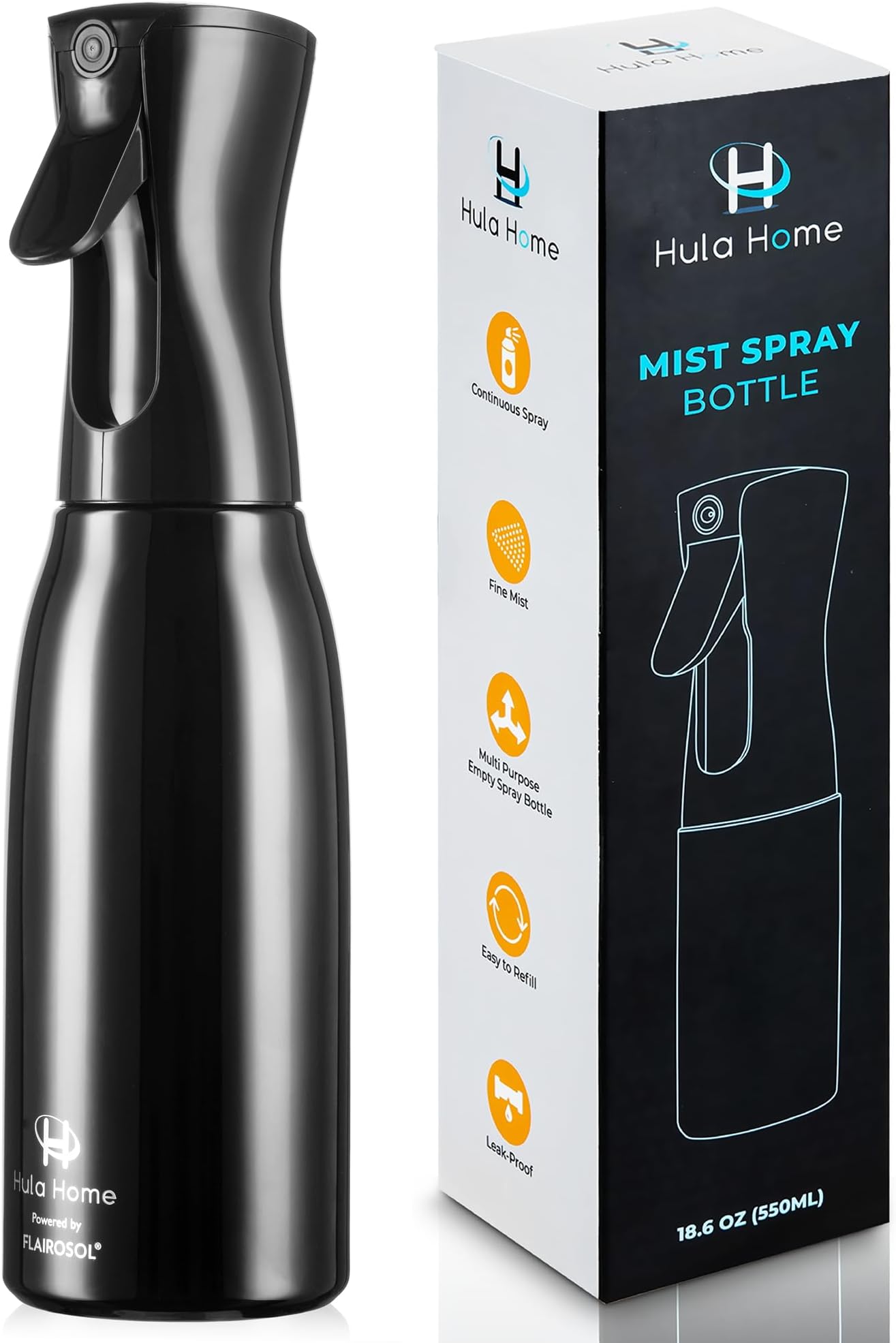 Hula Home Spray Bottle for Hair (20oz/590ml) - Powered by Flairosol® Spray Technology - Continuous Ultra Fine Mist Sprayer – For Hairstyling, Cleaning, Salons, Plants, Essential Oil & More - Black