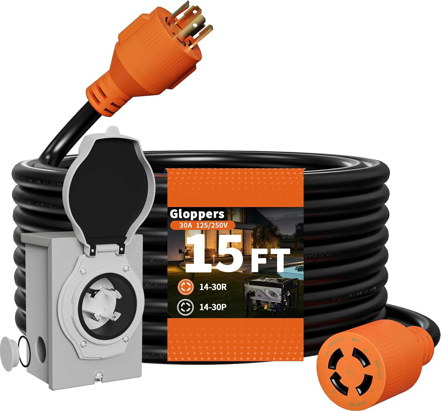 30 Amp Generator Cord and Power Inlet Box, 15FT 125V/250V 4 Prong SJTW Generator Extension Cord, Pre-Drilled 30 Amp Inlet Box Interlock Kit NEMA L14-30P to L14-30R Twist Locking ETL Listed