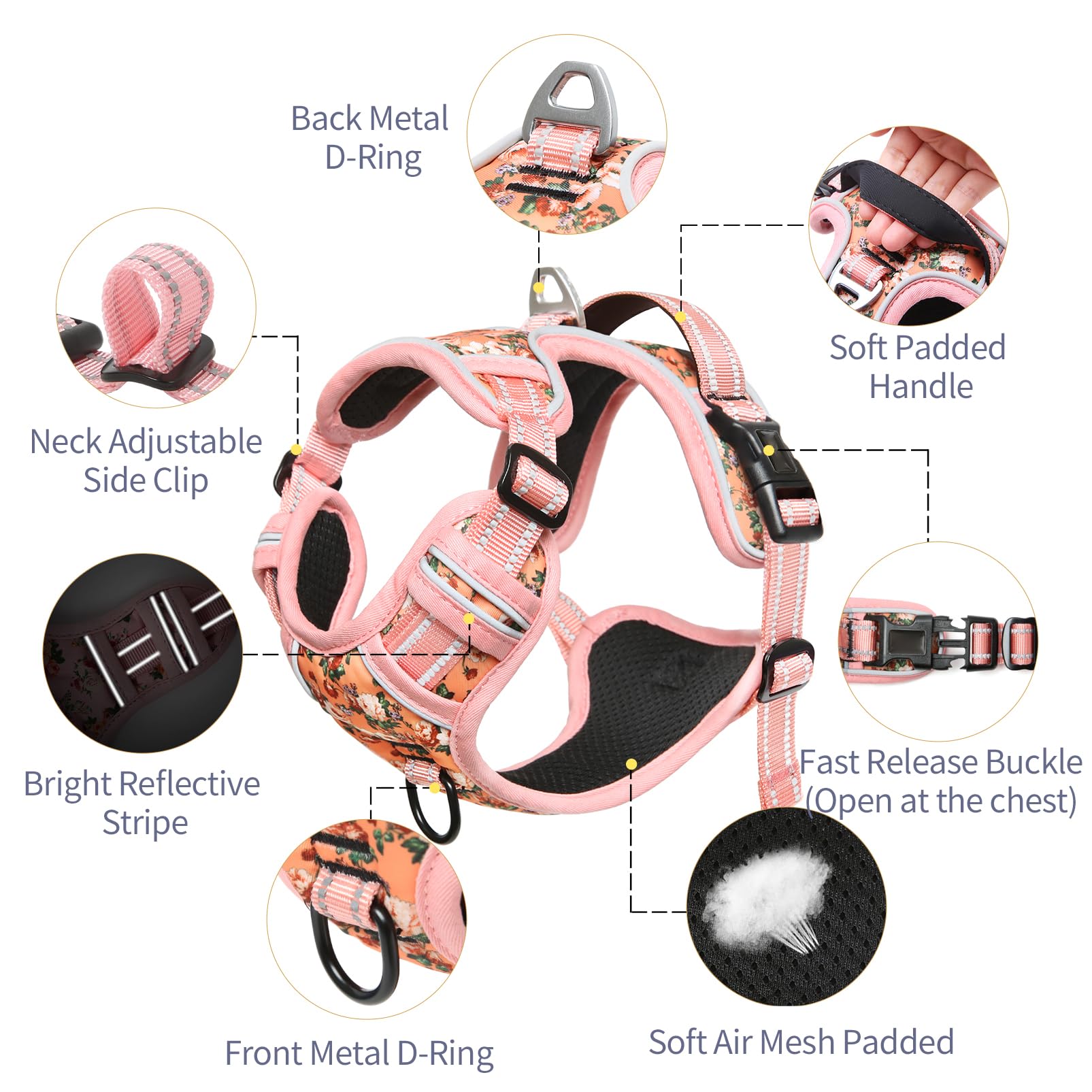 Timos No Pull Dog Harness, Front Clip Dog Vest Harness for Small Dog, Reflective Adjustable Soft Padded Puppy Harness with 2 Metal Rings 2 Buckles, Easy Control Training Handle, Vintage Orange, S