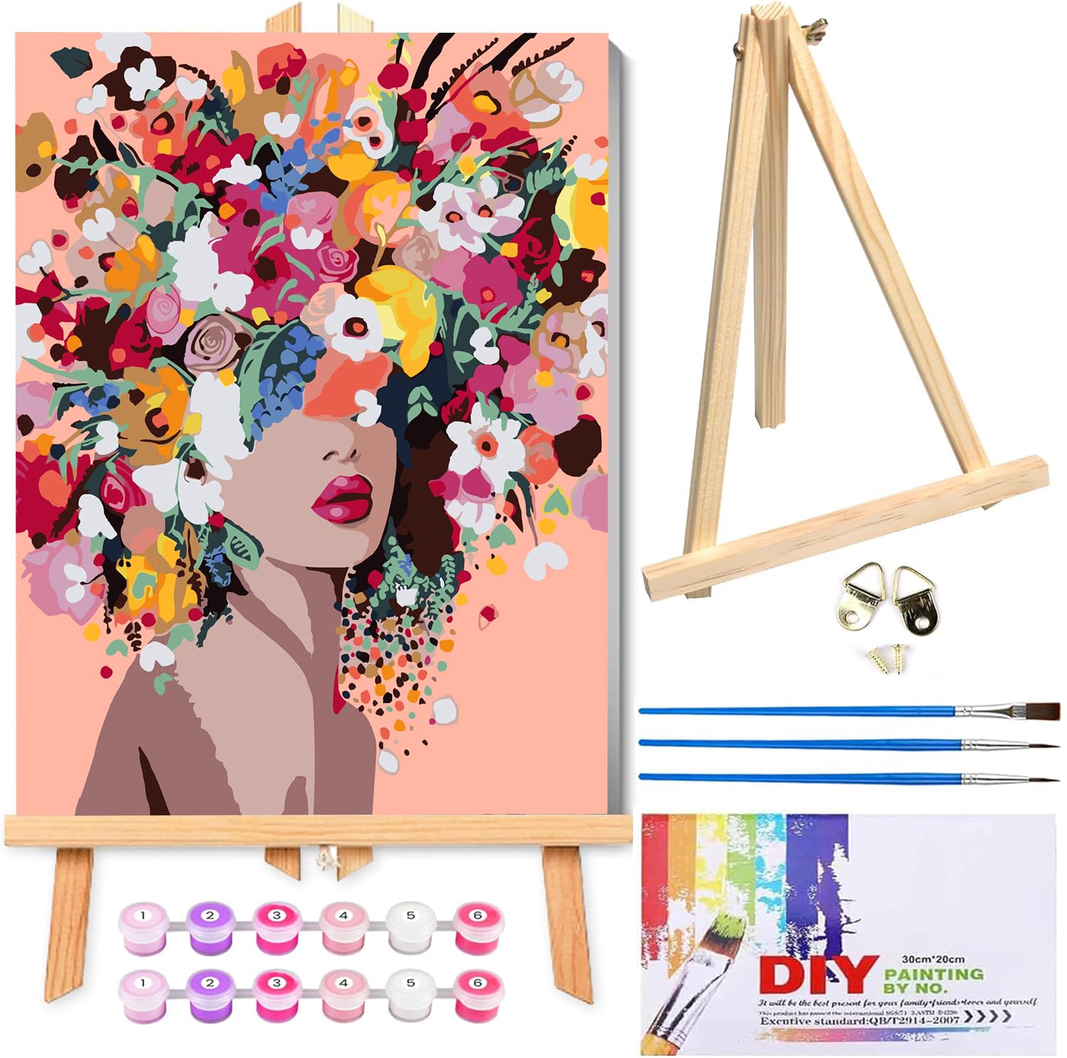 Jakener Paint by Numbers for Adults with Frame,Painting by Numbers for Adults with Wooden Easel,Woman Flower DIY Box Pack Paint by Numbers Kits for Home Wall Decor 12x16inch ﻿