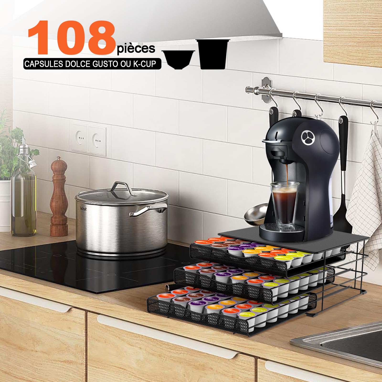 Masthome porte capsules Dolce Gusto 3 tiroirs métal, grande capacité 108 dosettes avec tapis EVA anti vibration antidérapant, rangement café pour maison, cuisine, bureau, salle de pause, noir sobre