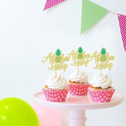 Miniatura 7 de Ercadio Aloha - Paquete de 24 adornos para cupcakes de piña con purpurina Hawaii Aloha Baby Cupcake Picks Hawaiian Luau Tropical Summer Aloha