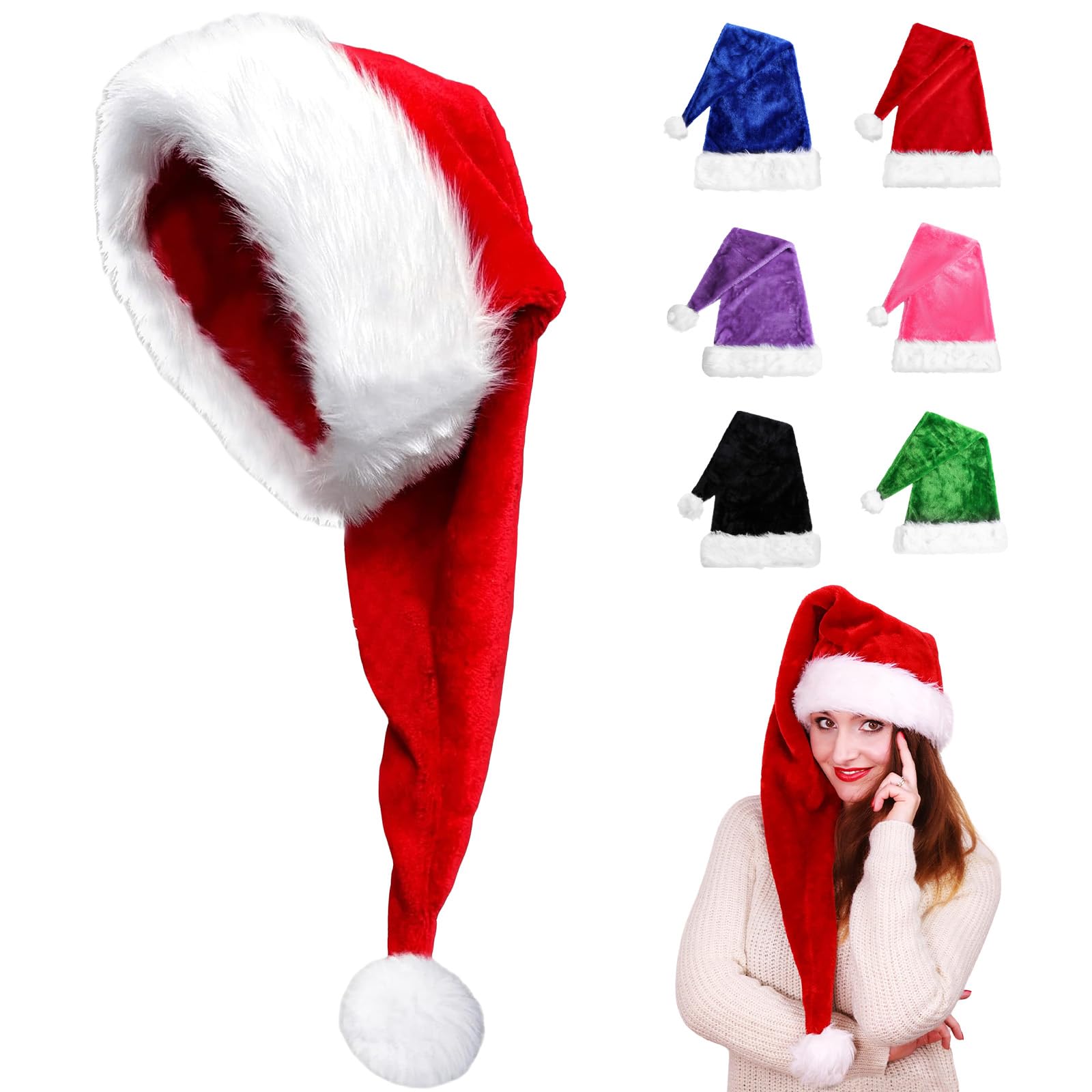 75cm Christmas Hats Santa Hat for Adults,Deluxe Velvet Xmas Santa Claus Hat,Unisex Velvet Comfort Christmas Party Hat Thicken Classic Fur for New Year Festive Christmas Party Supplies(Red)