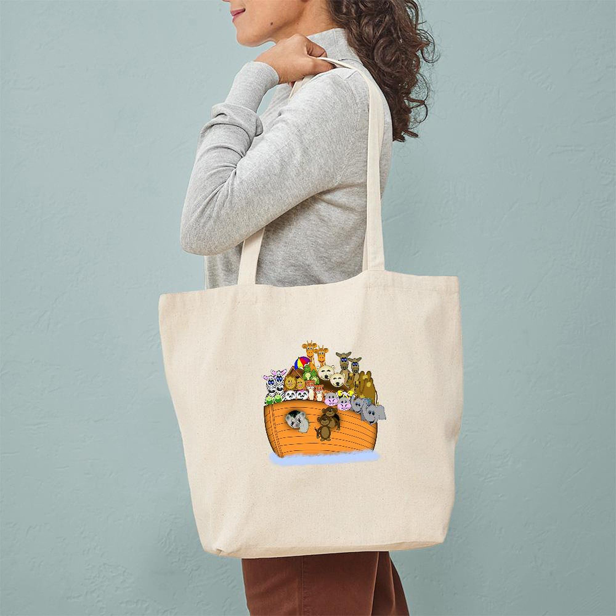 Noah's Ark & Rainbow Canvas Tote Bag - Reusable Natural Cotton Shopping Bag With Handles