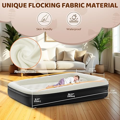 Miniatura 4 de Cama inflable de viaje para niños pequeños, colchón de aire portátil de 60 pulgadas con cuatro lados de seguridad, bomba de alta velocidad y bolsa